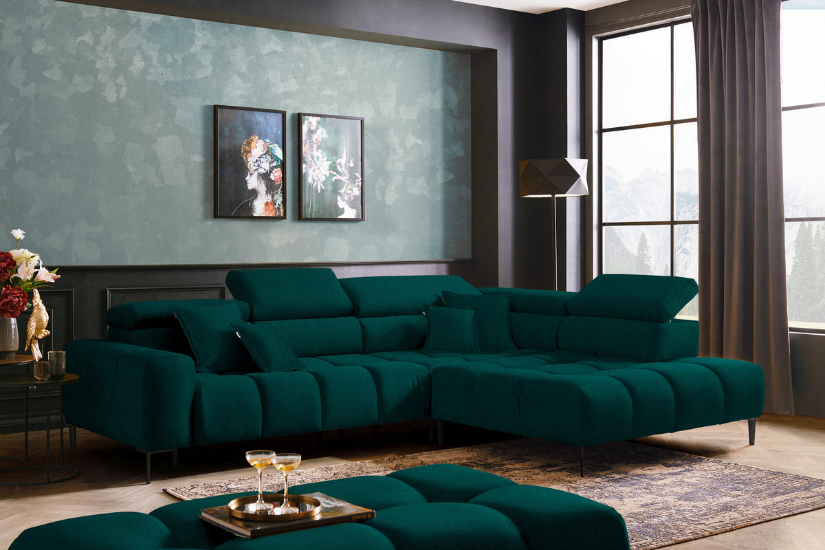 ECKSOFA in Samt, Webstoff Dunkelgrün  - Dunkelgrün/Schwarz, Design, Textil/Metall (300/216cm) - Welnova