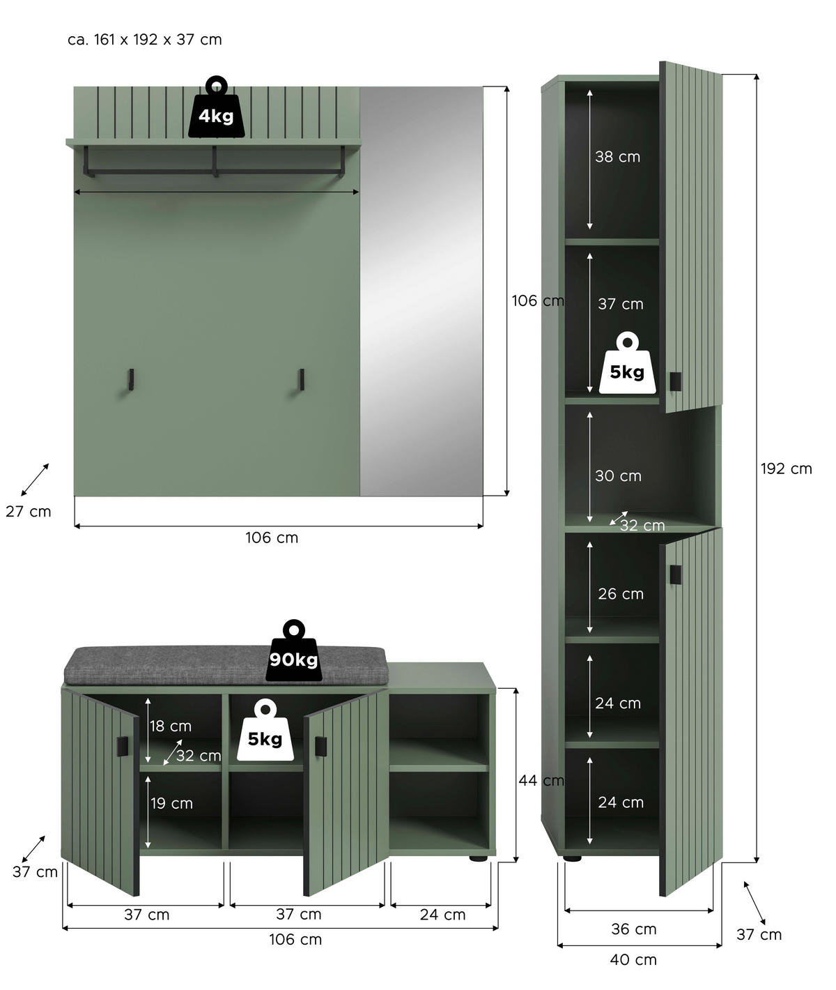 HALLMÖBEL 3 delar  i 161/192/37 cm  - grågrön, Design, trämaterial (161/192/37cm) - MID.YOU