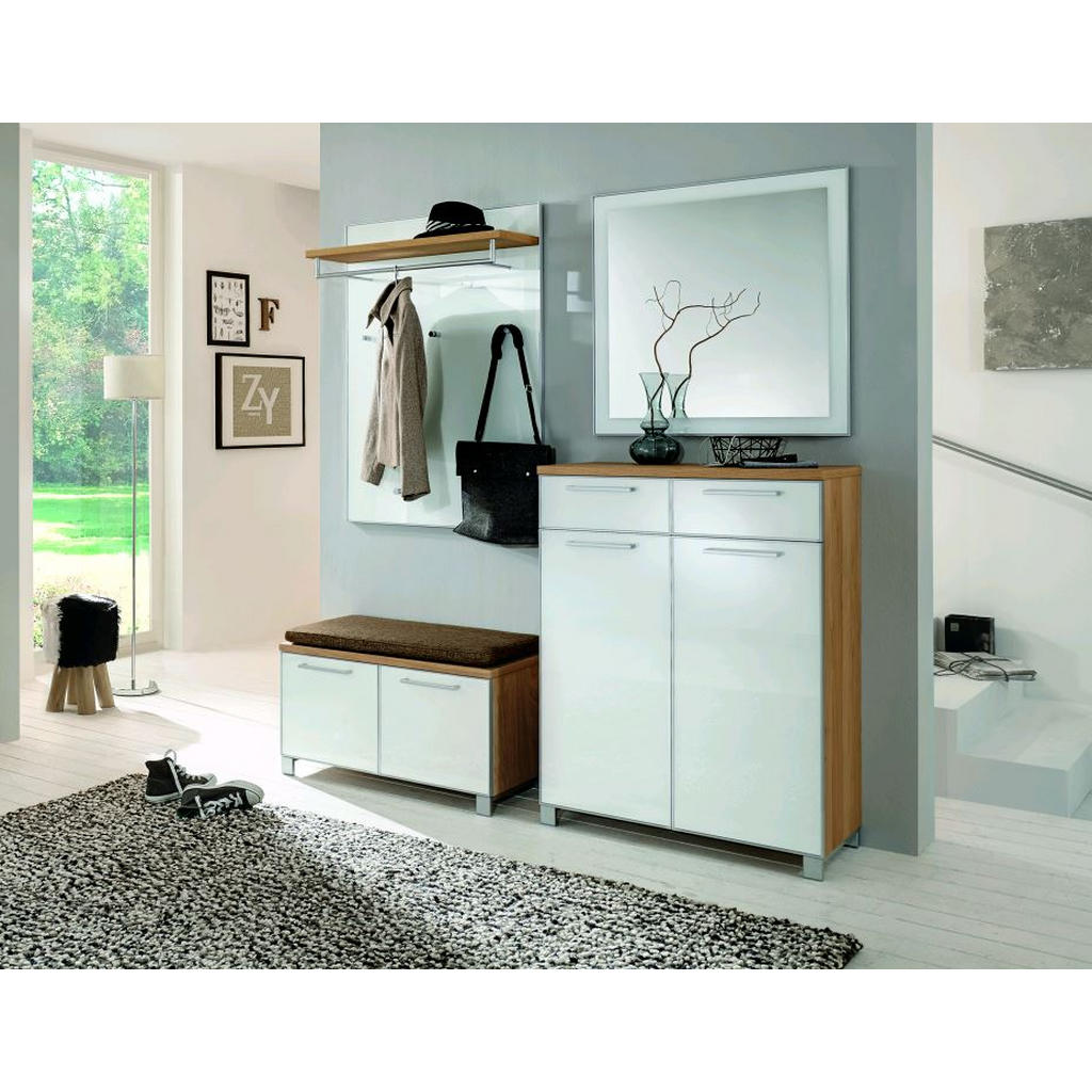 Thumbnail - Xxxl Garderobe Santina, Weiß, Eiche, Hellbraun, Holz, Glas, Textil, 5-teilig, furniert, 175x195x40 cm, Goldenes M, Made ...