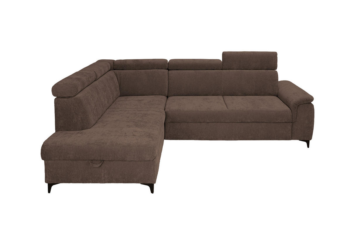 ECKSOFA Dunkelbraun Chenille Bettkasten, Schlaffunktion, Rücken echt, Kopfteilverstellung, Liegefläche im Originalstoff  - Dunkelbraun/Schwarz, KONVENTIONELL, Textil/Metall (206/265cm) - Carryhome