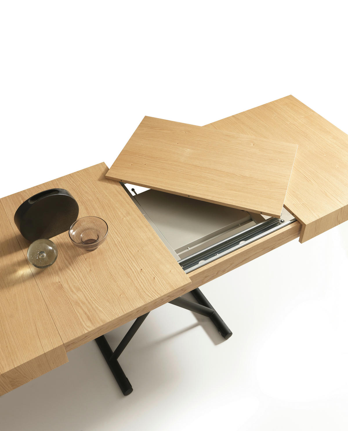 COUCHTISCH/ESSTISCH Eiche furniert, teilmassiv 120-220/80/28-88 cm rechteckig Schwarz, Eichefarben  - Eichefarben/Schwarz, Design, Holz/Metall (120-220/80/28-88cm) - Dieter Knoll