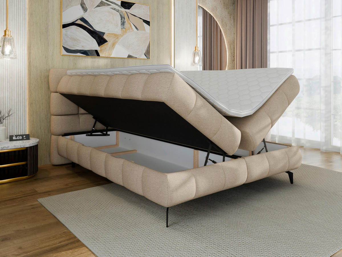 BOXBETT 140/200 cm,  in Beige, Bettkasten, Topper, H3 + H3 = fest  - Beige/Schwarz, Trend, Textil/Metall (140/200cm) - Esposa