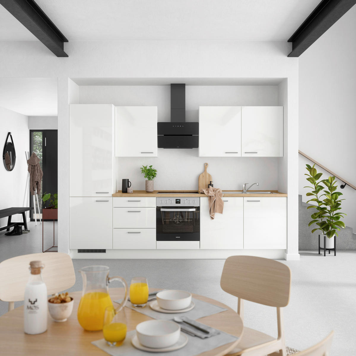 KÜCHENLEERBLOCK 300 cm   in Eichefarben, Weiß Hochglanz  - Edelstahlfarben/Eichefarben, MODERN, Holzwerkstoff/Metall (300cm) - Nobilia