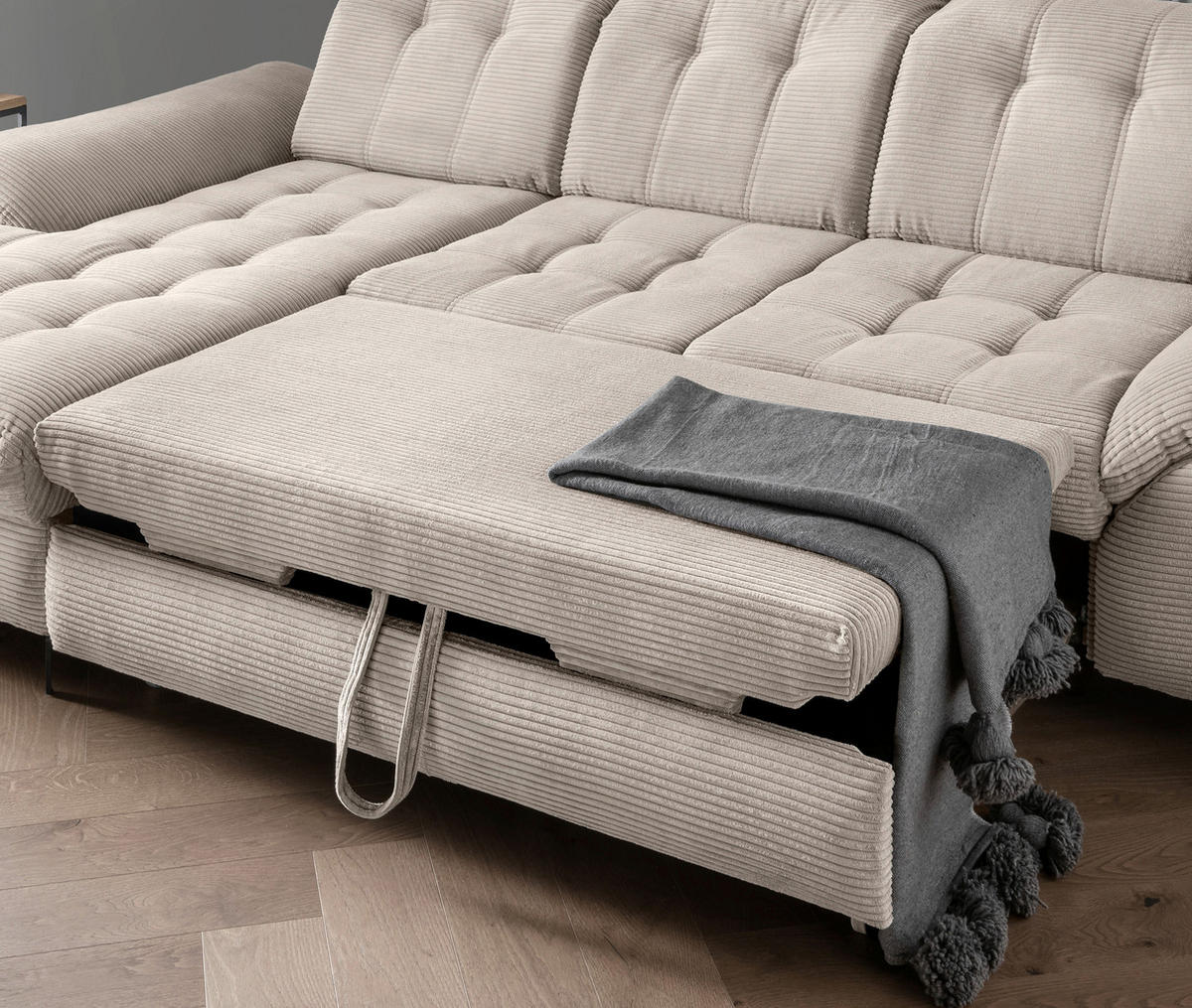 ECKSCHLAFSOFA  mit seitenverkehrt erhältlich, Rücken echt, Armteil links, Armteil rechts Cord Beige  - Beige/Schwarz, MODERN, Textil/Metall (189/273cm) - Livetastic