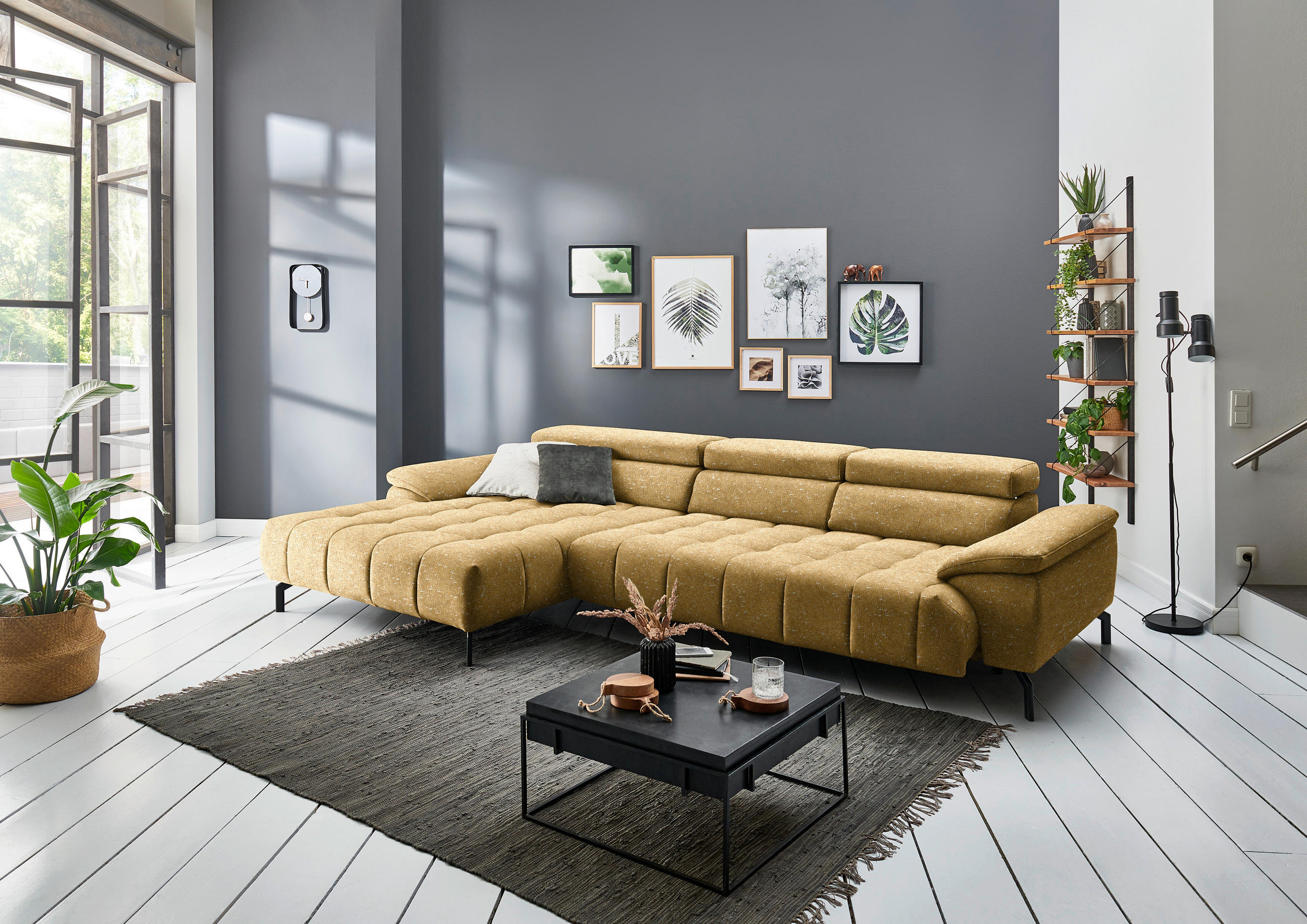 ECKSOFA in Chenille Currygelb  - Currygelb/Schwarz, Design, Textil/Metall (190/329cm) - Beldomo Style