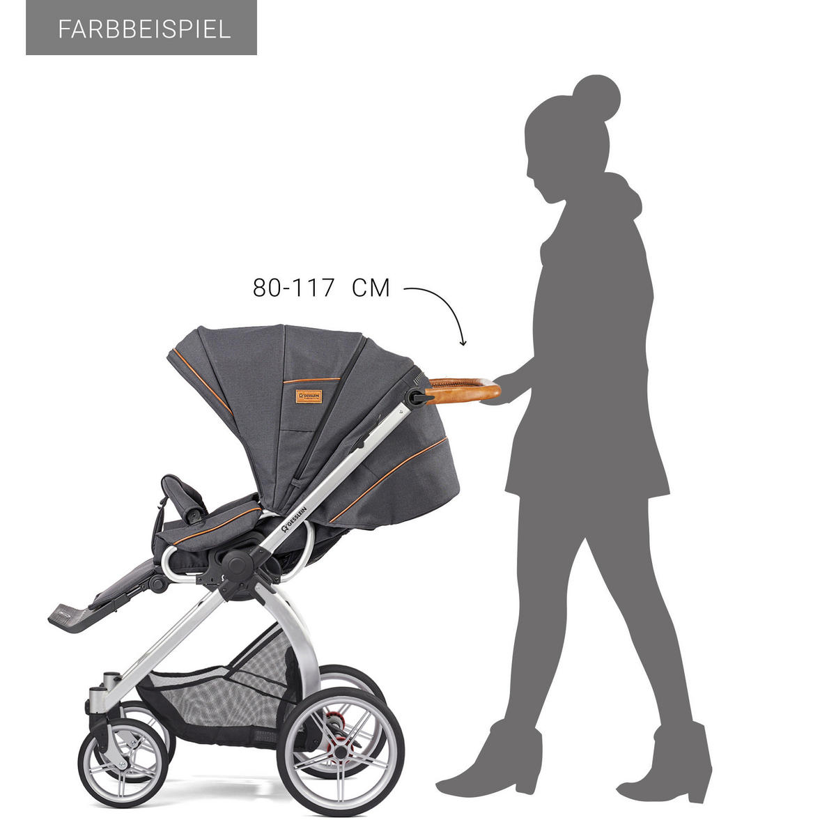 KINDERWAGENSET  FX4 Classic   - Silberfarben/Schwarz, Basics, Leder/Textil (57/129/100cm) - Gesslein