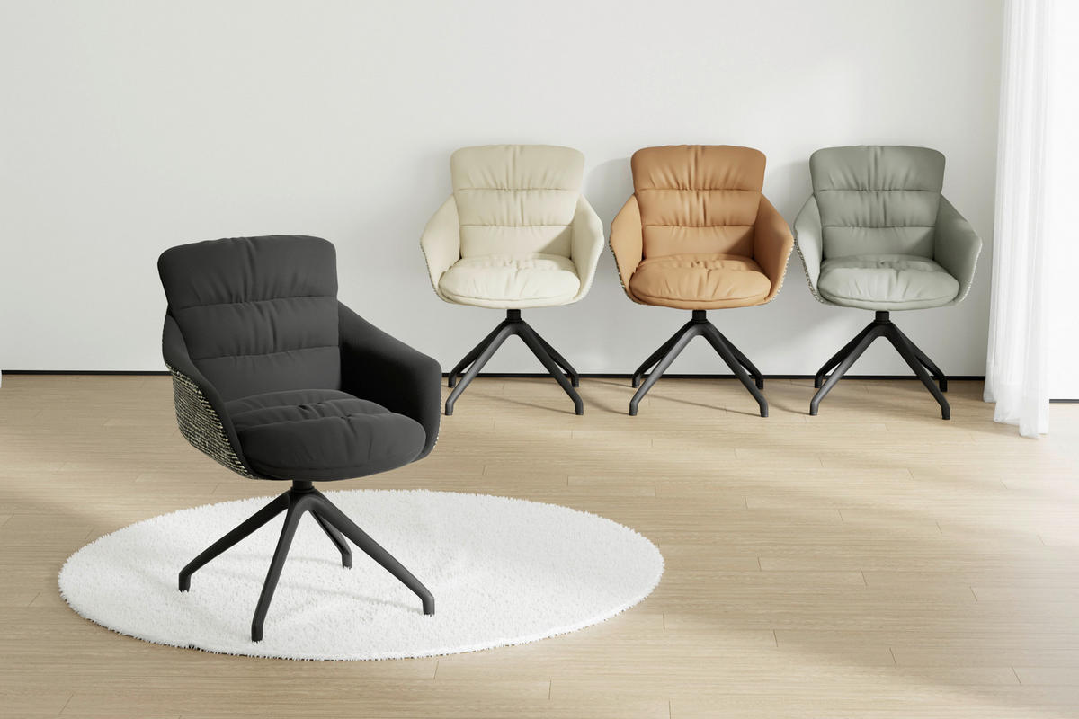 ARMLEHNSTUHL  Sitzfläche 360° drehbar, inklusive Armlehnen, automatische Rückholfunktion Webstoff Echtleder  - Schwarz, Design, Leder/Textil (62/85,5/65cm) - Dieter Knoll