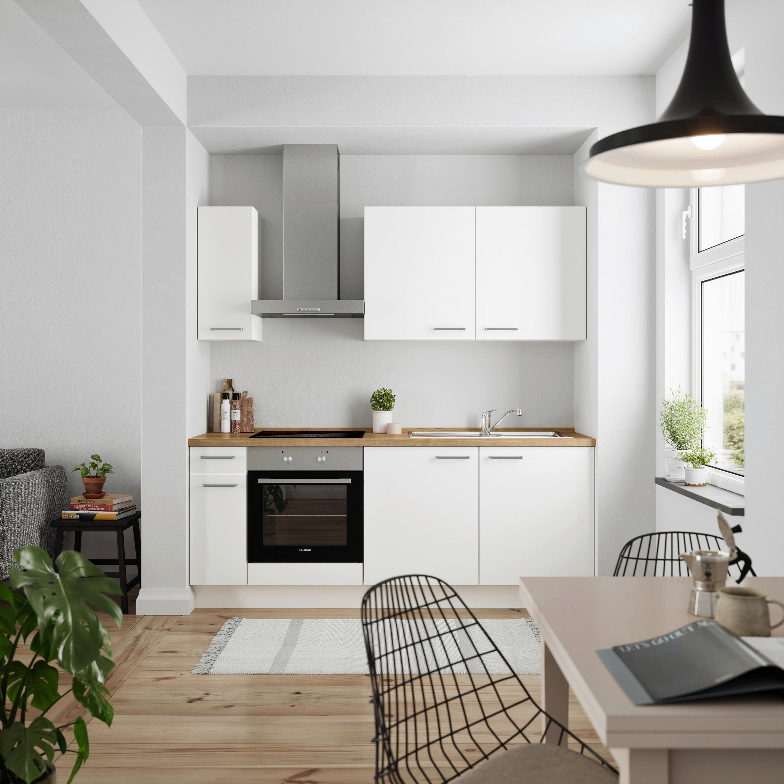 KÜCHENBLOCK Touch 210 cm  in Weiß, Eichefarben  - Edelstahlfarben/Eichefarben, MODERN, Holzwerkstoff/Metall (210cm) - Nobilia
