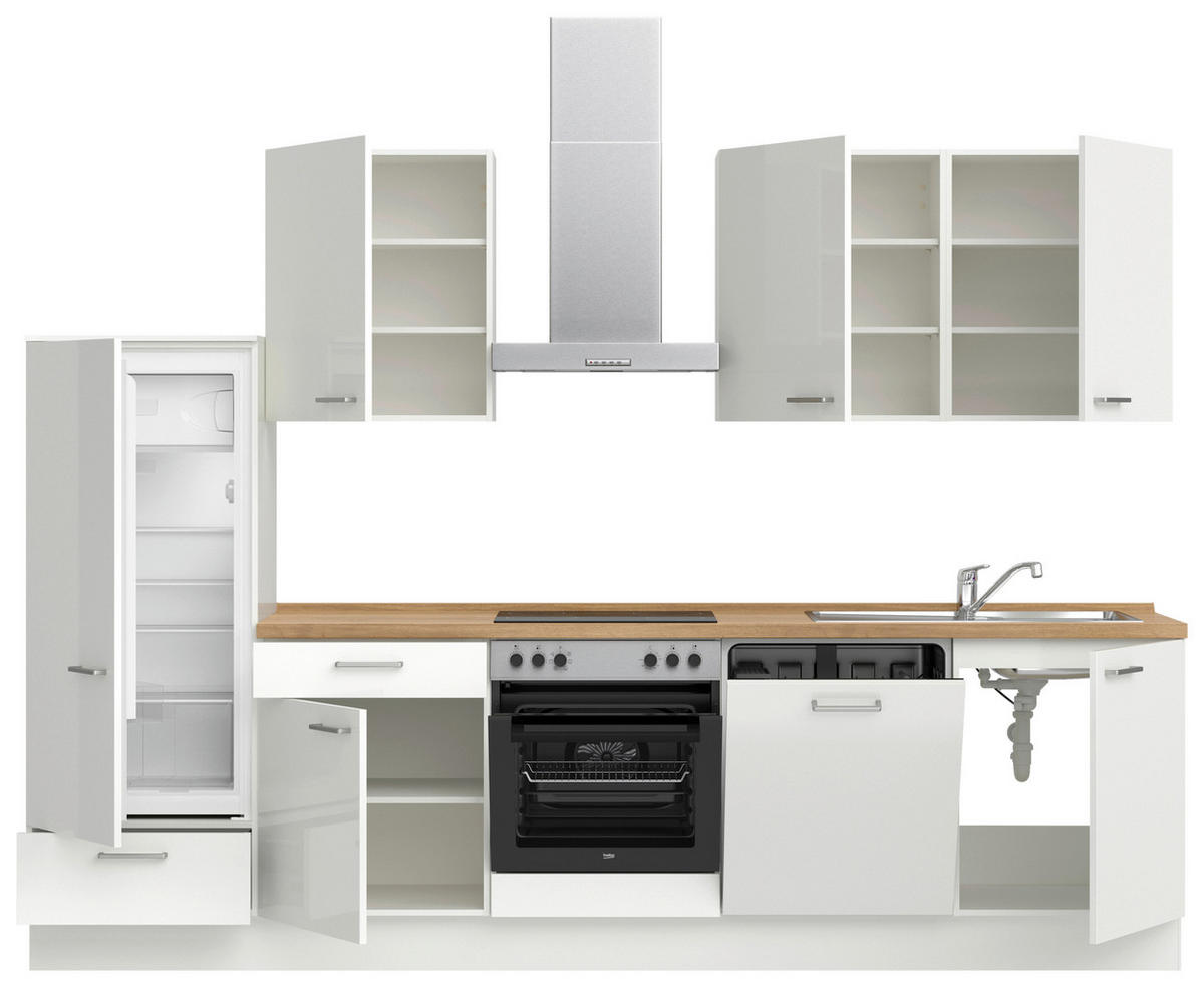 KÜCHENLEERBLOCK 300 cm   in Eichefarben, Weiß Hochglanz  - Edelstahlfarben/Eichefarben, MODERN, Holzwerkstoff/Metall (300cm) - Nobilia