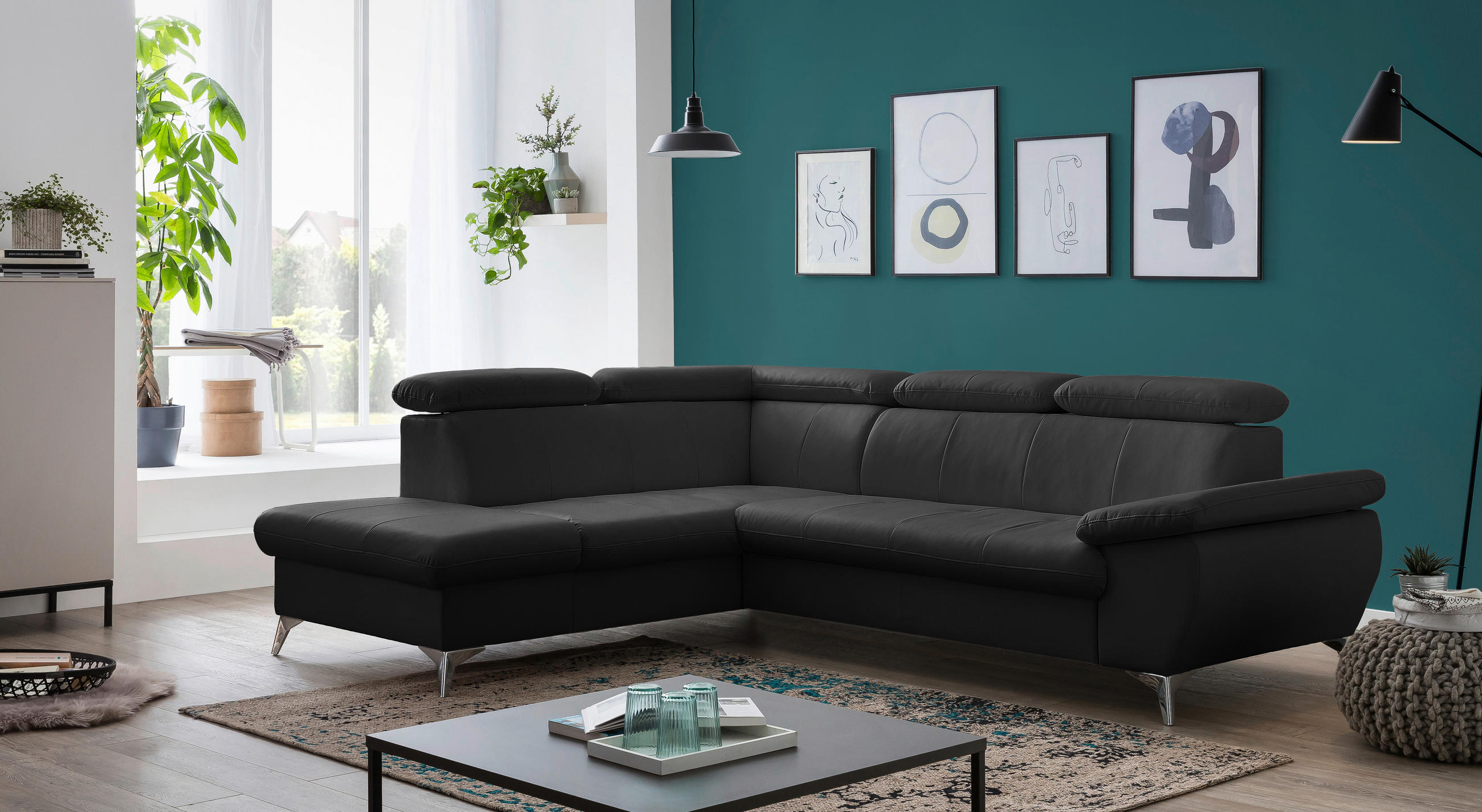 ECKSOFA Schwarz Lederlook  - Chromfarben/Schwarz, KONVENTIONELL, Textil/Metall (209/256cm) - Livetastic