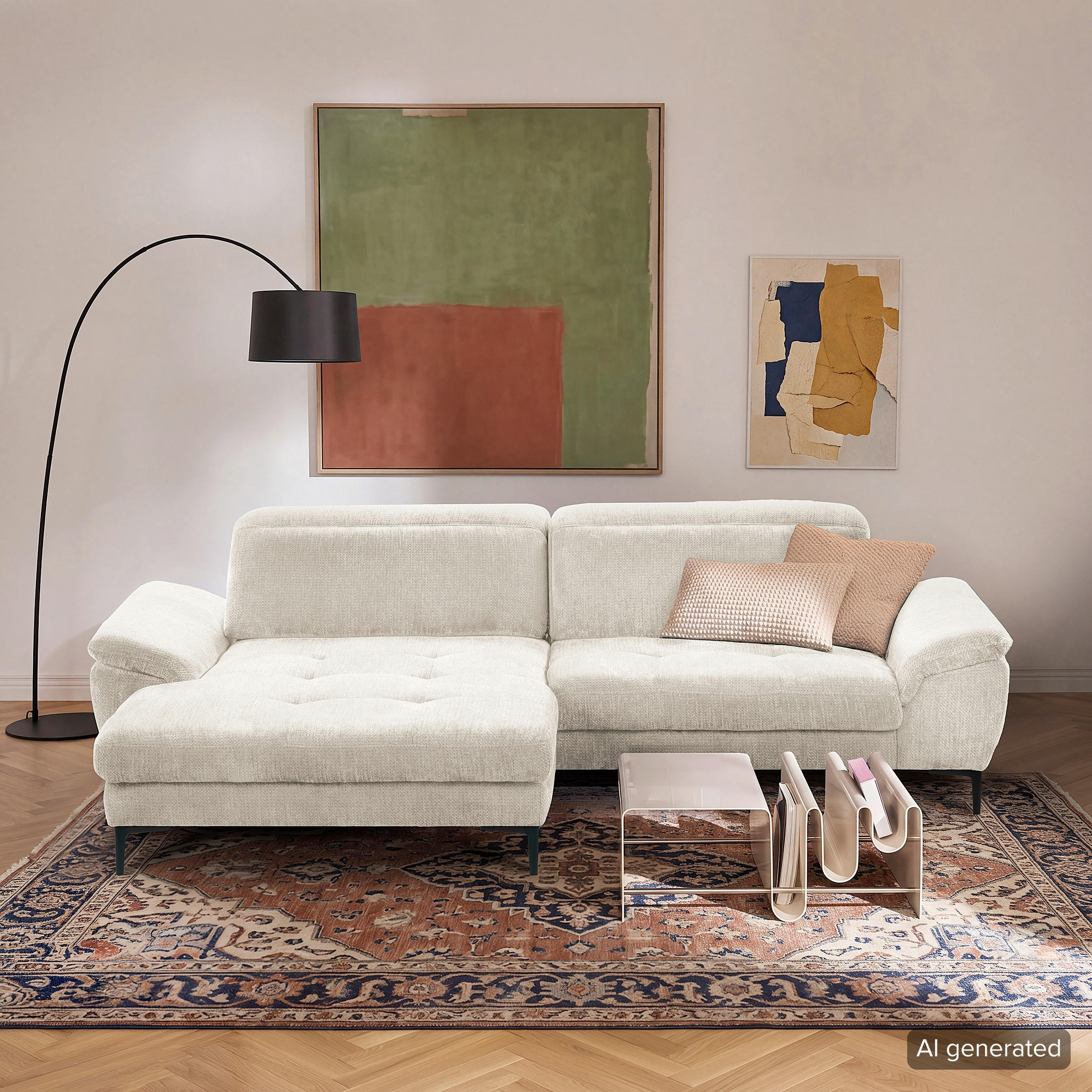 ECKSOFA PRADO Weiß Webstoff Bettkasten, Kopfteilverstellung, Sitztiefenverstellung  - Schwarz/Weiß, Design, Textil/Metall (195/268cm) - Livetastic
