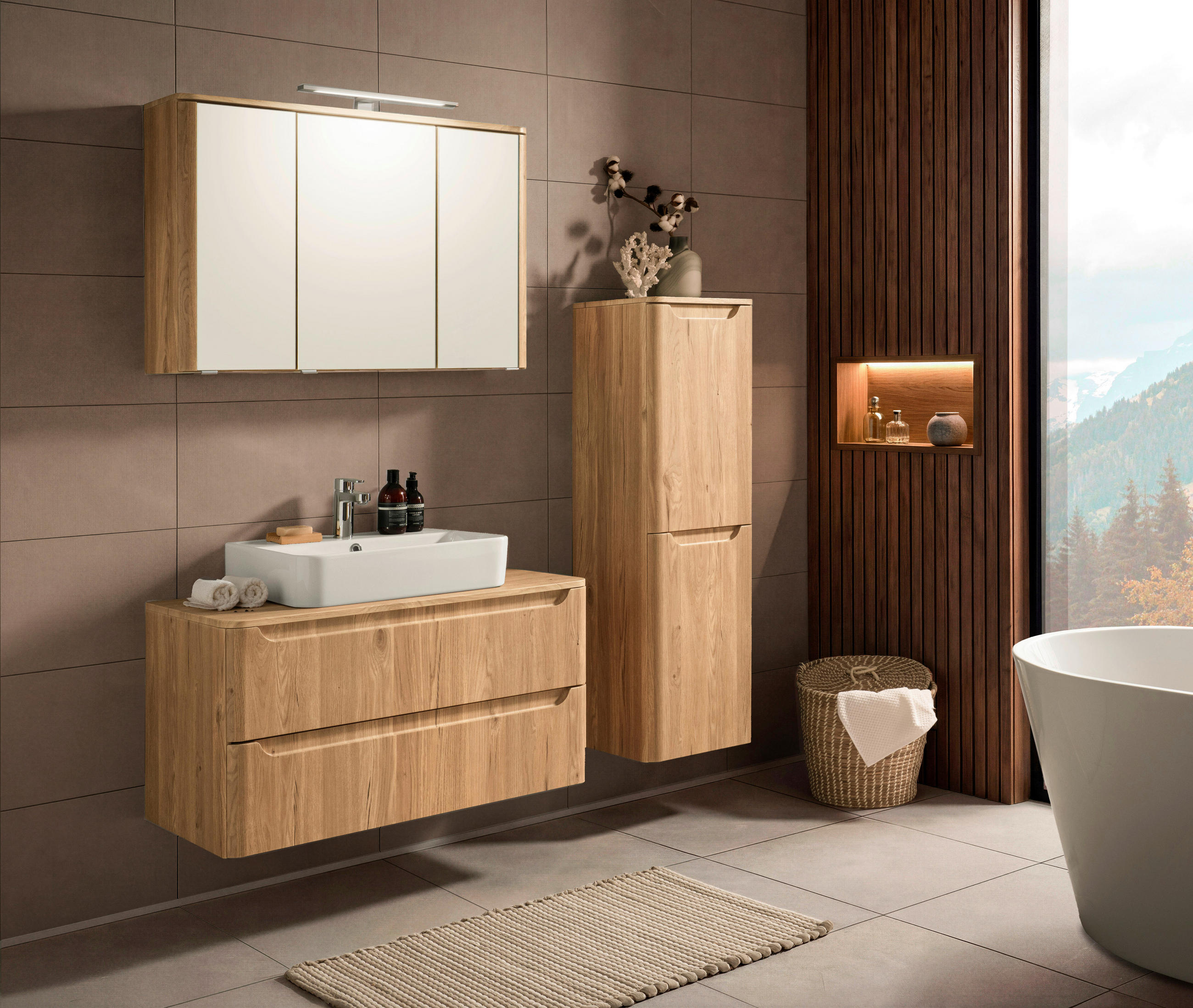 Thumbnail - Held Midischrank Ocean, Wildeiche, Holzwerkstoff, 3 Fächer, 41x130x35 cm, Made in Germany, hängend, Badezimmer, Badezimm...