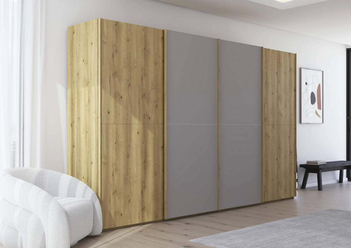 SCHWEBETÜRENSCHRANK 360/223/68 cm 4-türig Eichefarben, Fango  - Fango/Eichefarben, Design, Glas/Holz (360/223/68cm) - Novel