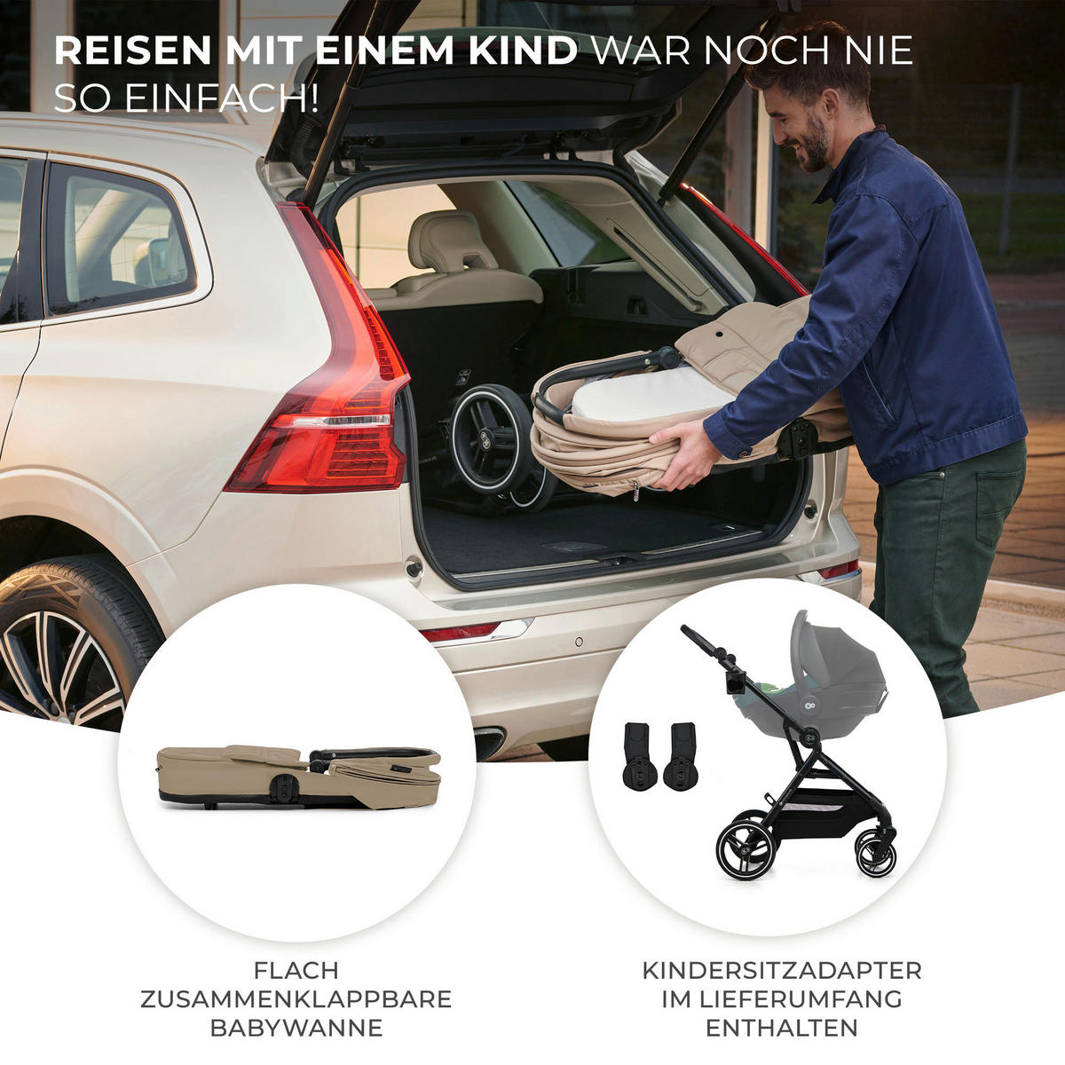 KINDERWAGEN Yoxi 3in1  - Schwarz Hochglanz/Beigebraun, Basics, Kunststoff/Textil (107/59/97cm) - Kinderkraft