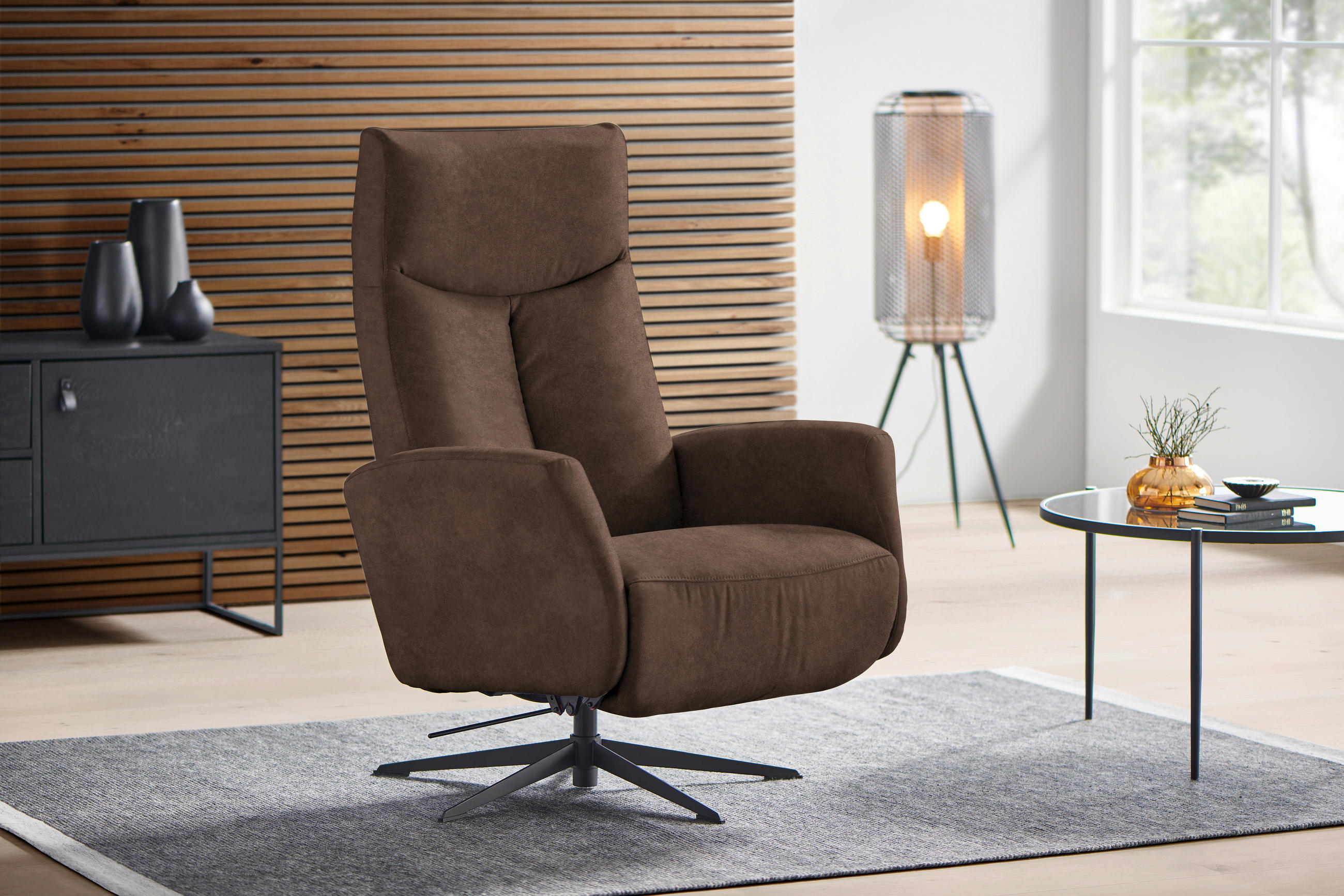 RELAXSESSEL Mikrofaser Relaxfunktion, Fußteilverstellung    - Schwarz/Braun, Design, Textil/Metall (73/105/82cm) - Welnova