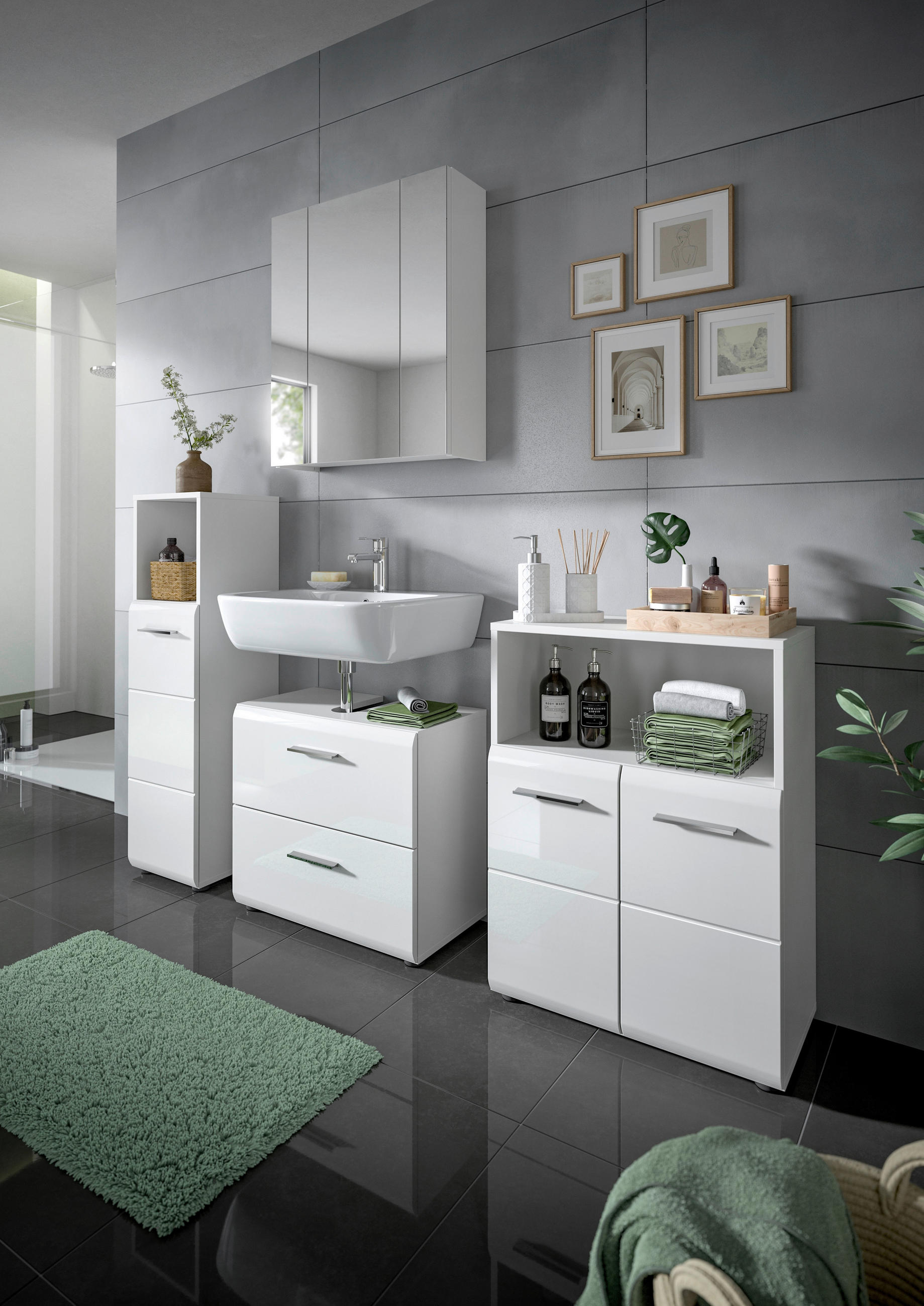 BADEZIMMER 4-teilig  in 150 cm  - Weiß Hochglanz/Silberfarben, MODERN, Glas/Holzwerkstoff (150cm) - MID.YOU