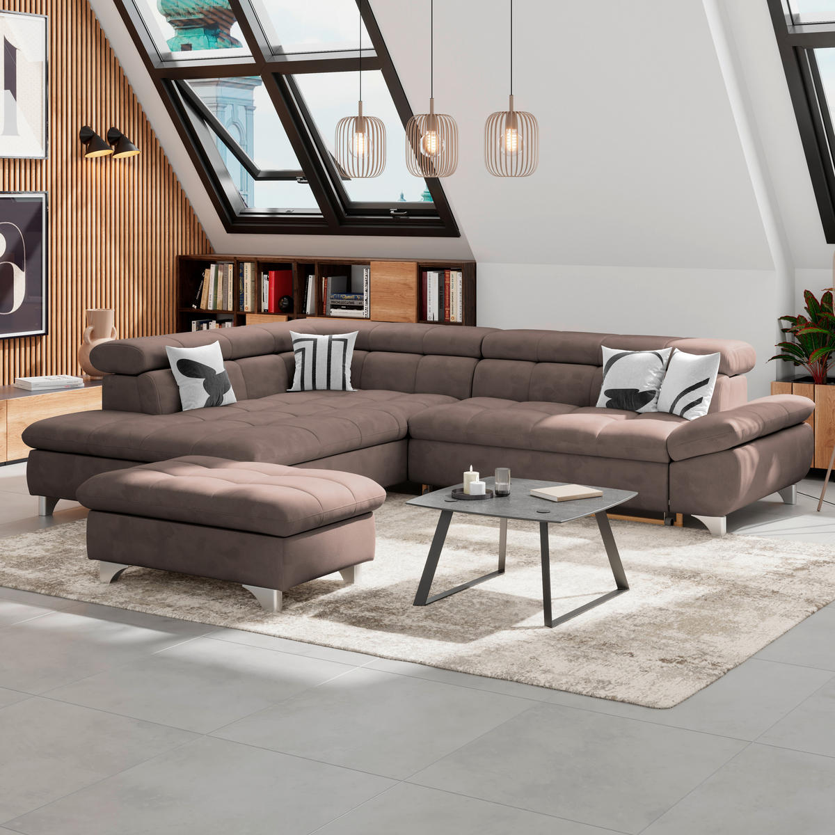 ECKSOFA Dunkelbraun Chenille  - Chromfarben/Dunkelbraun, KONVENTIONELL, Textil/Metall (234/312cm) - Livetastic