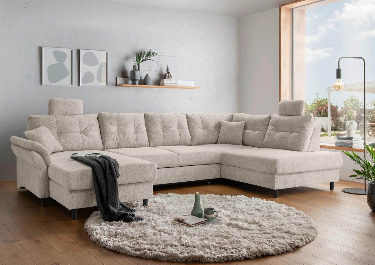 WOHNLANDSCHAFT in Chenille Beige  - Beige/Schwarz, Modern, Holz/Textil (176/338/206cm) - Livetastic