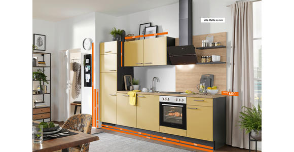 KÜCHENBLOCK 290 cm   in Graphitfarben, Eichefarben, Dunkelgelb  - Edelstahlfarben/Eichefarben, Design, Holzwerkstoff/Metall (290cm) - Xora