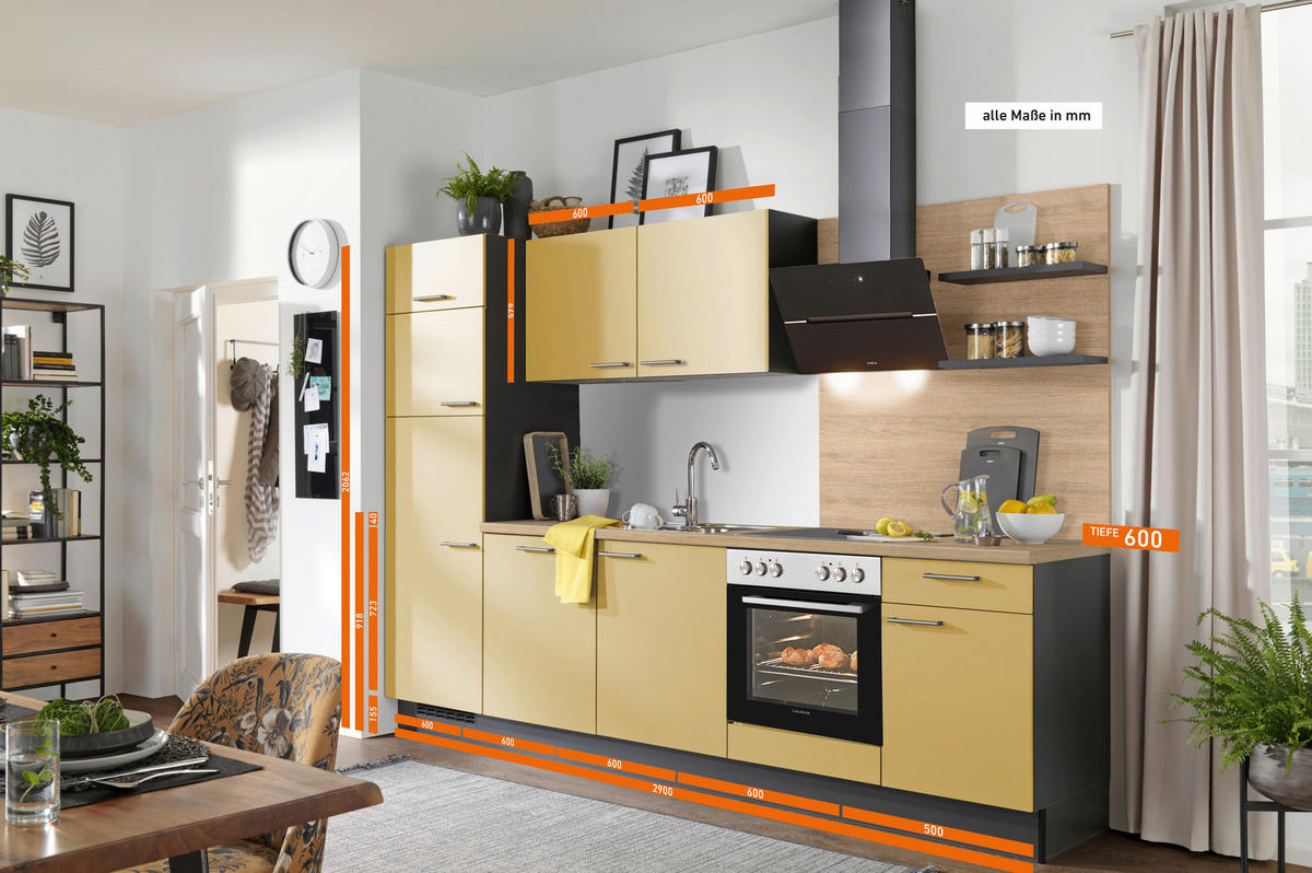 KÜCHENBLOCK 290 cm   in Graphitfarben, Eichefarben, Dunkelgelb  - Edelstahlfarben/Eichefarben, Design, Holzwerkstoff/Metall (290cm) - Xora