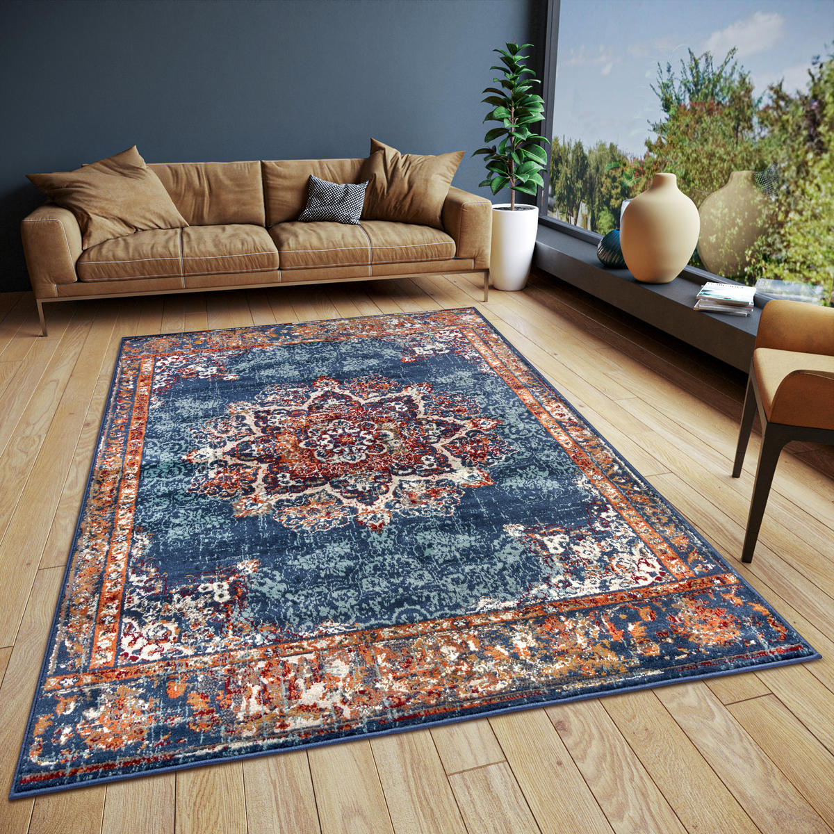 FLACHWEBETEPPICH 57/90 cm Luxor Blau, Multicolor  - Blau/Multicolor, Design, Kunststoff/Textil (57/90cm)