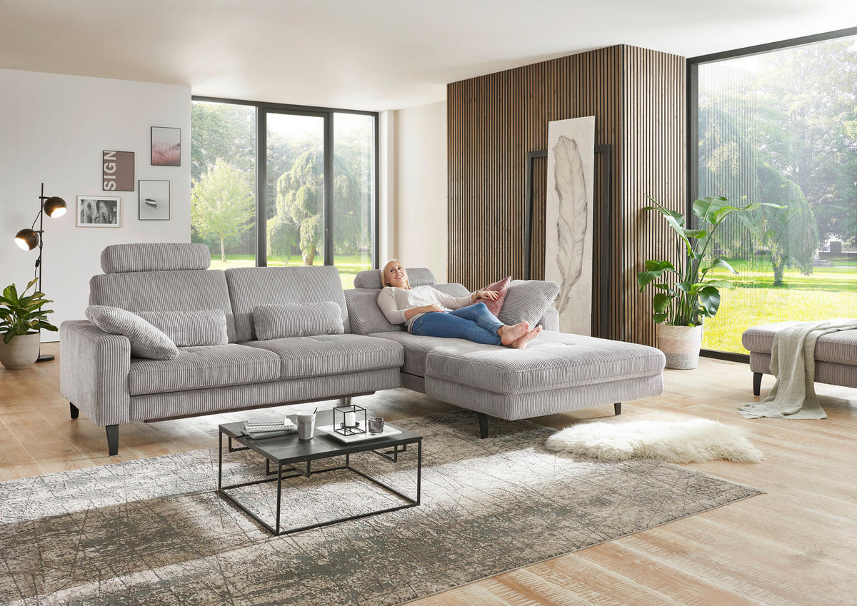 ECKSOFA in Cord Hellgrau  - Hellgrau/Schwarz, Modern, Textil/Metall (302/177cm) - Beldomo Style