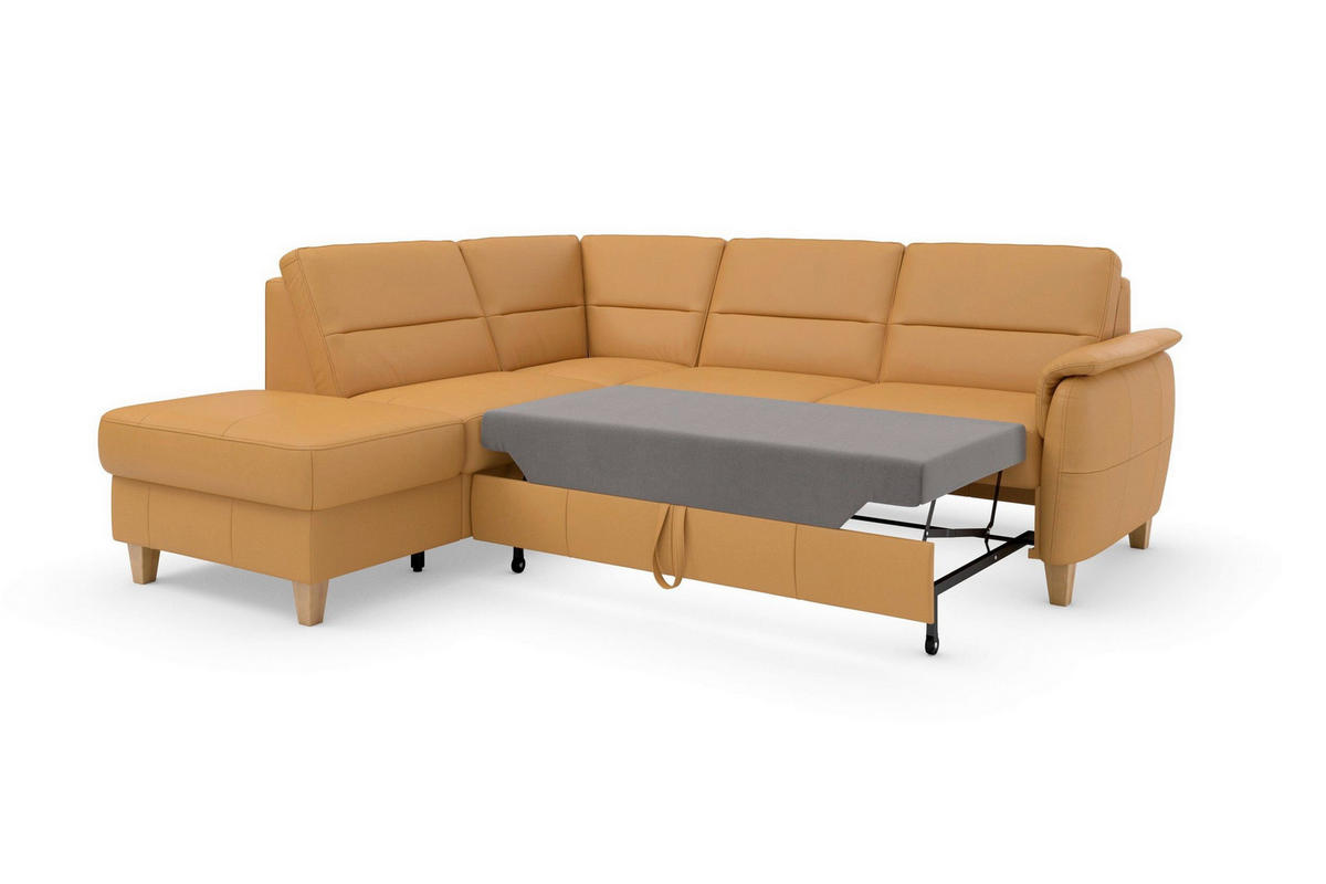 ECKSOFA PALMERA E in Mikrofaser Kombination Echtleder/Stoff Currygelb  212/236 cm  - Currygelb/Eichefarben, Basics, Leder/Holz (212/236cm) - Sit & More