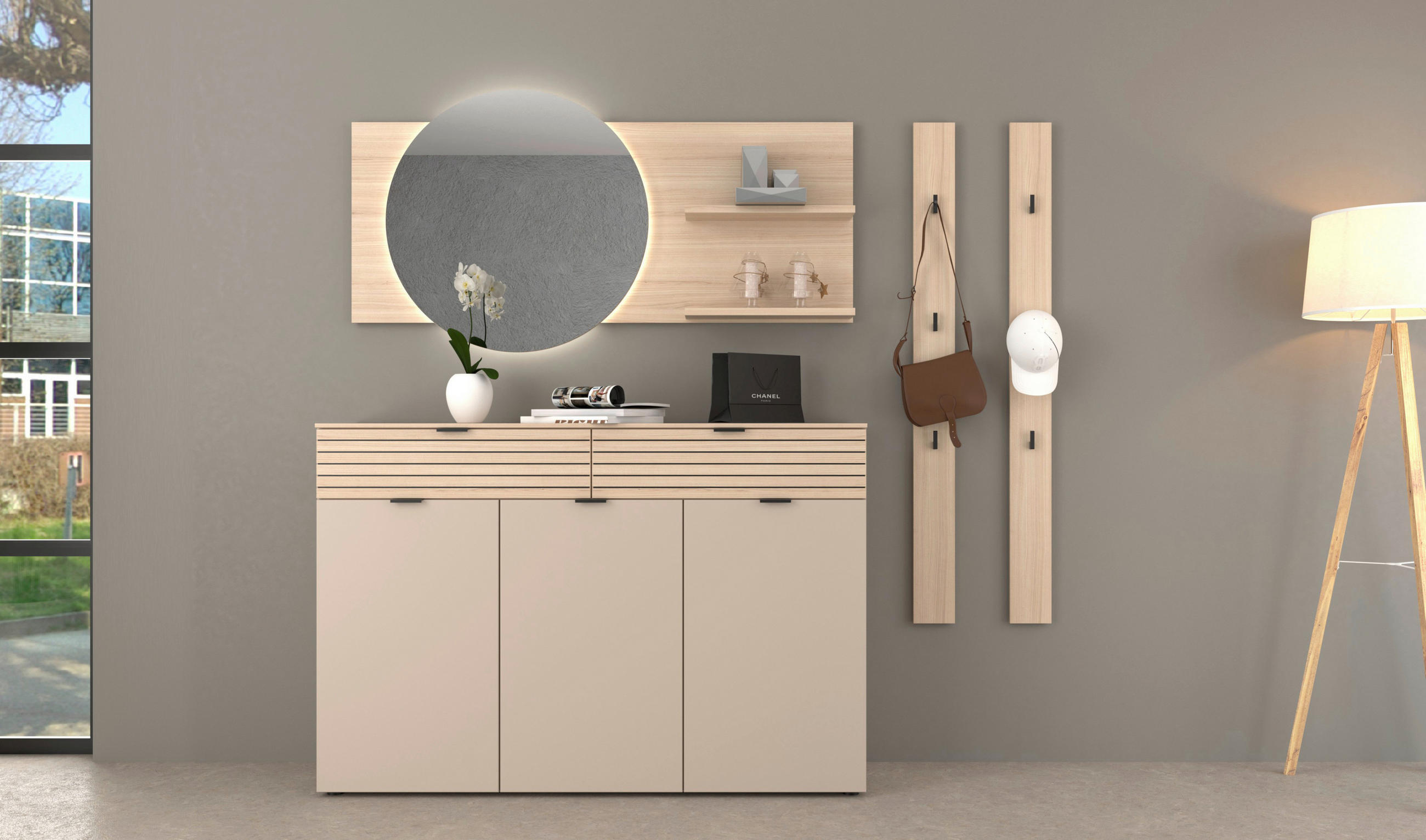 Thumbnail - Xora Garderobe Ina, Schwarz, Eiche, Kaschmir, Metall, Holzwerkstoff, 5-teilig, 210x195x38 cm, Garderobe, Garderoben-Sets...