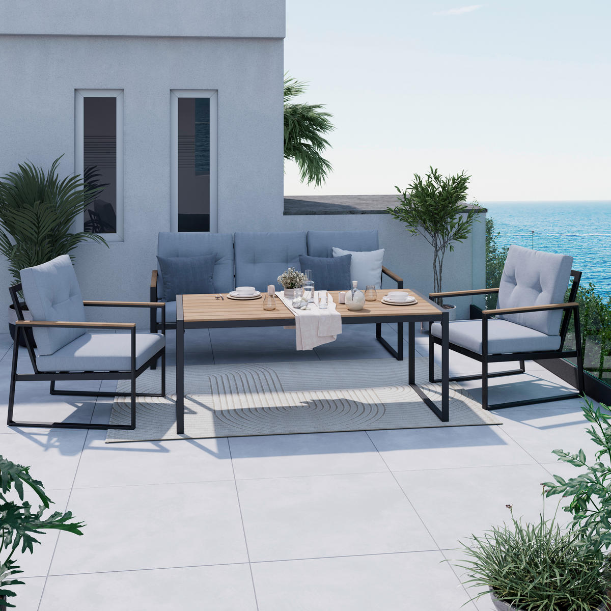 LOUNGEGARNITUR 4-teilig   120/81/80 cm Eisen  - Anthrazit/Naturfarben, Basics, Kunststoff/Textil (120/81/80cm) - Ambia Garden