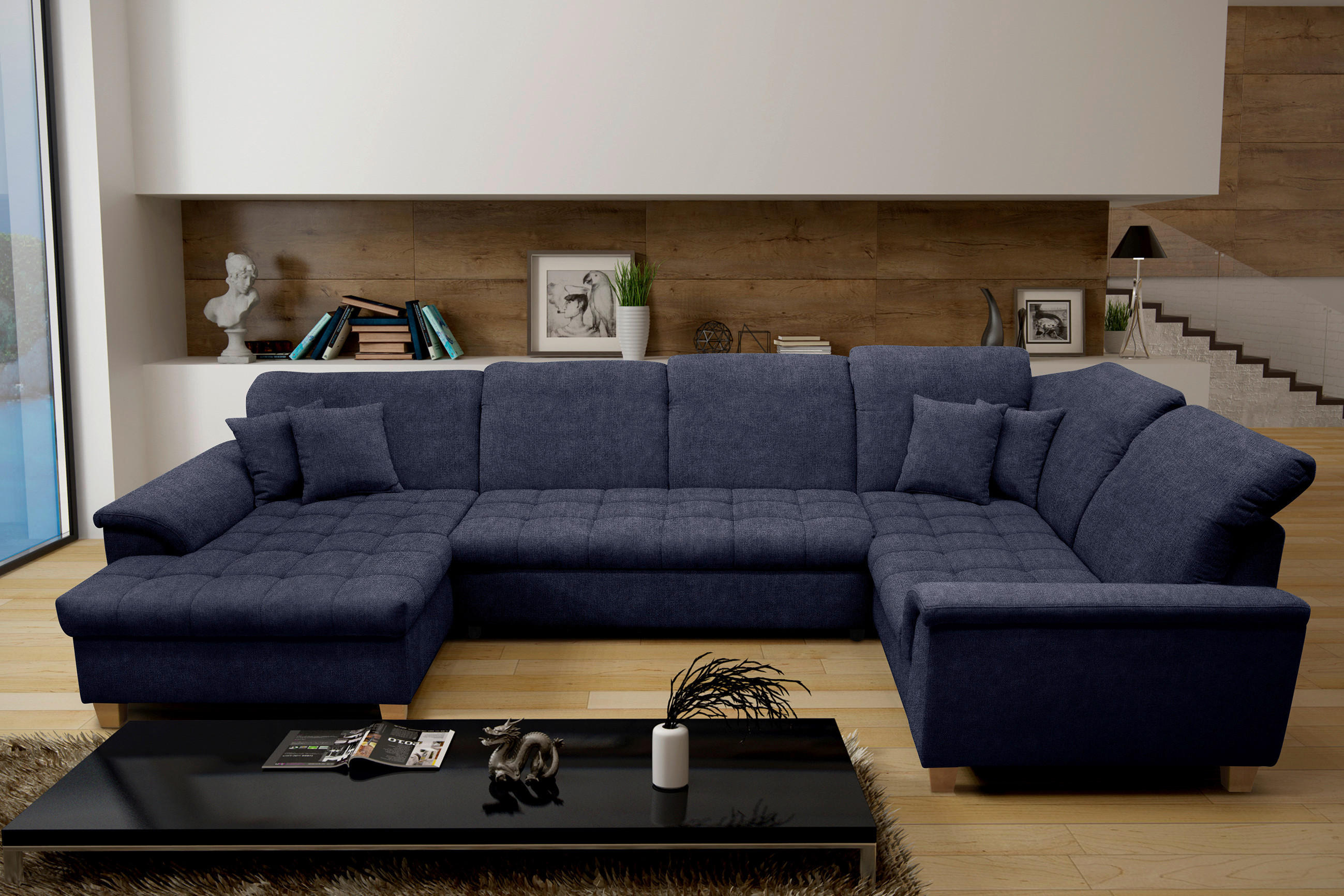 WOHNLANDSCHAFT Dunkelblau Mikrofaser  - Eichefarben/Dunkelblau, KONVENTIONELL, Holz/Textil (170/352/214cm) - MID.YOU