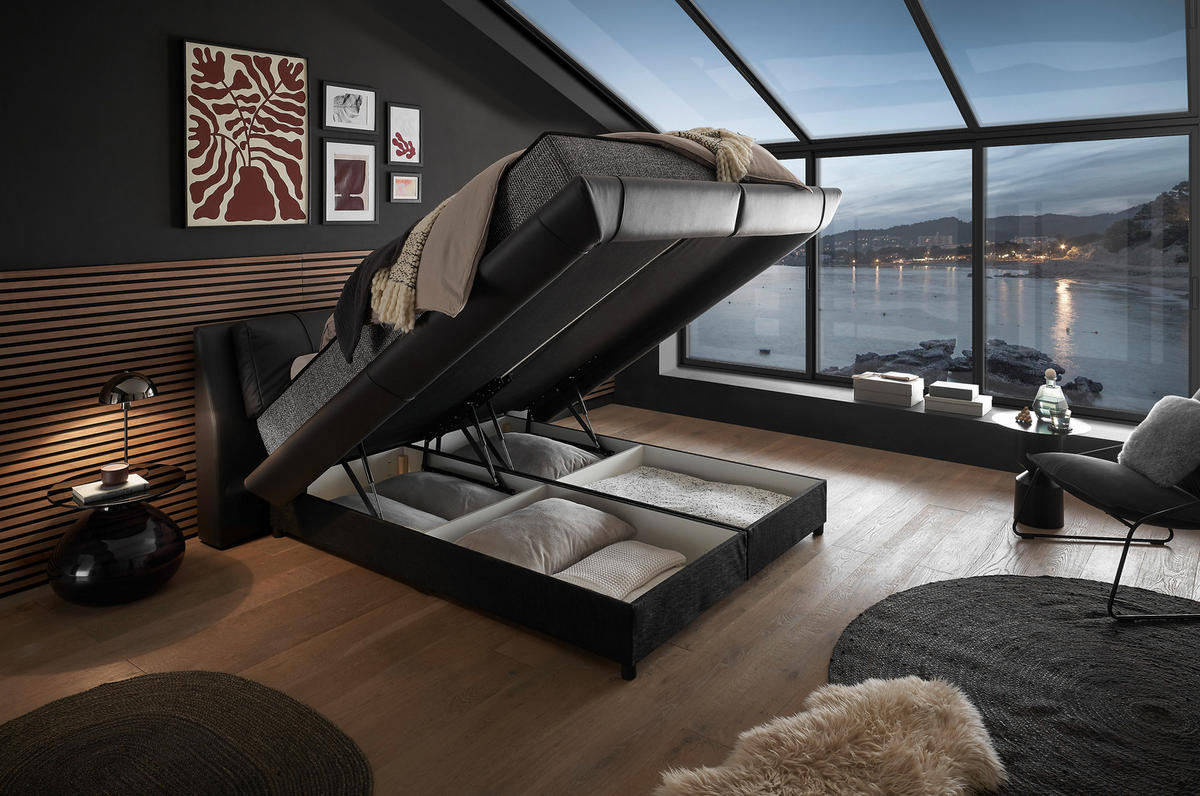 BOXBETT 180/200 cm,  in Schwarz, gepolstertes Kopfteil, Bettkasten, Matratzen, H3 + H4 = fest + sehr fest  - Schwarz, Design, Kunststoff/Textil (180/200cm) - Esposa