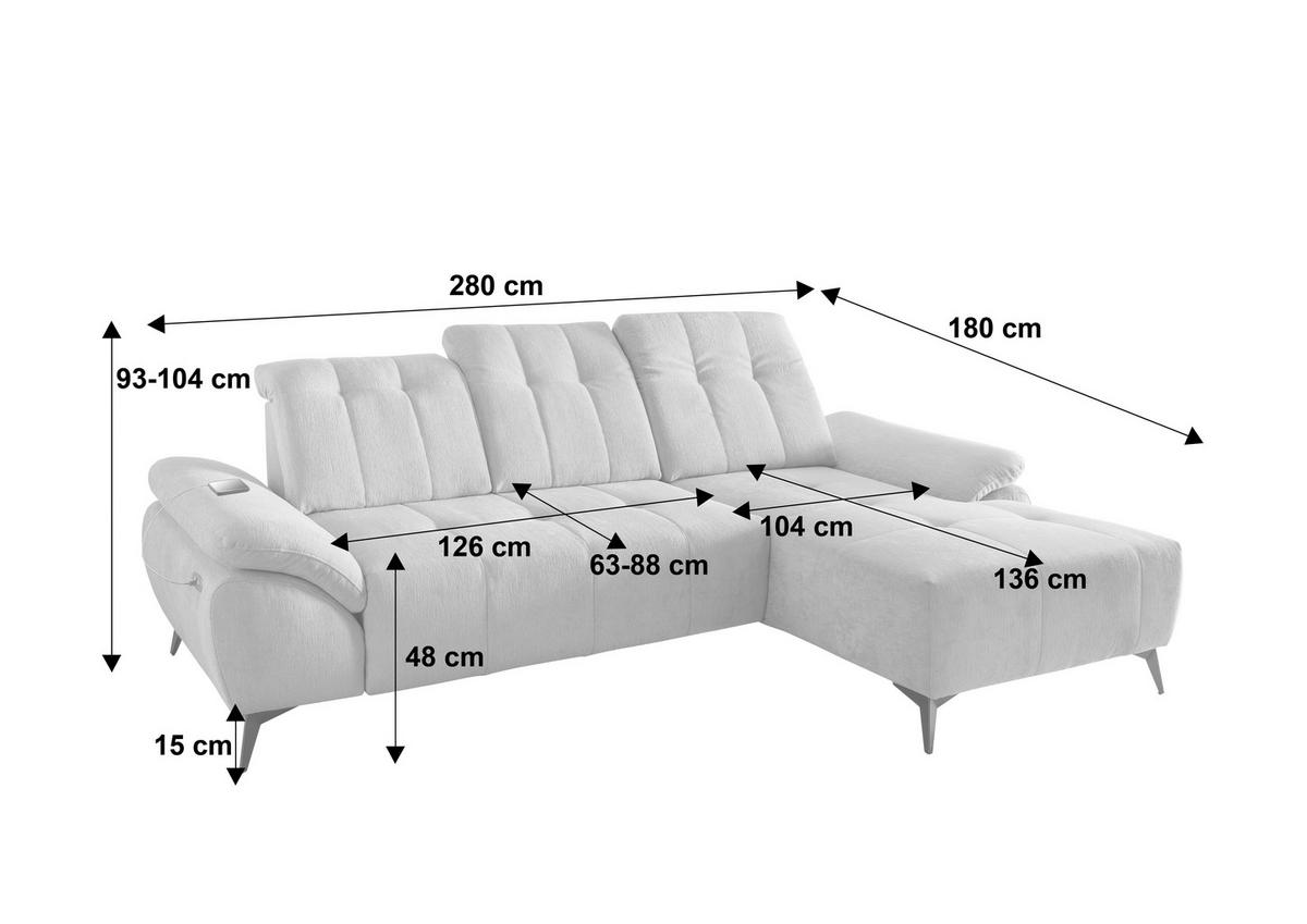 ECKSOFA FIORE Koralle Cord Kopfteilverstellung, Sitzvorzug  - Koralle/Schwarz, MODERN, Textil/Metall (180/280cm) - Livetastic