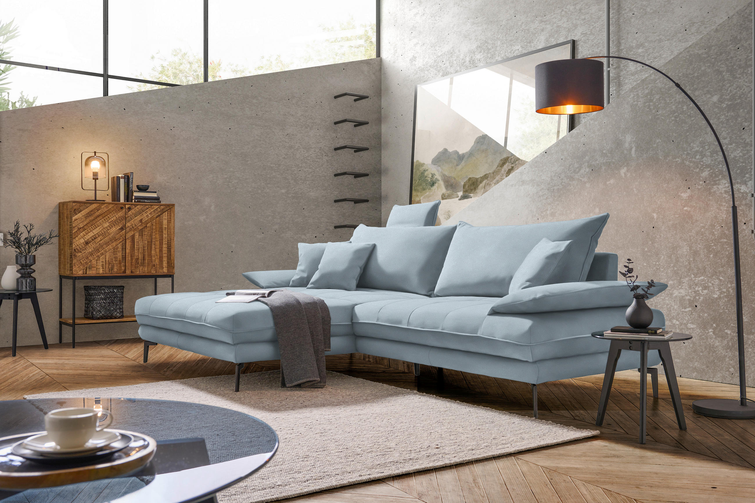 ECKSOFA PRATO Hellblau Flachgewebe  - Schwarz/Hellblau, MODERN, Textil/Metall (176/292cm) - MID.YOU