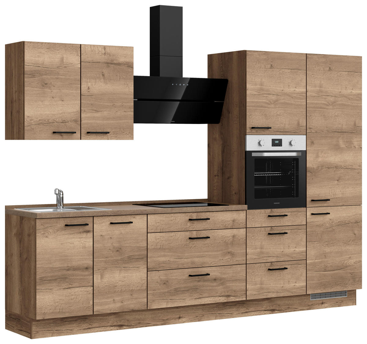 KÜCHENBLOCK 300 cm   in Eiche dunkel  - Eiche dunkel/Schwarz, MODERN, Holzwerkstoff/Metall (300cm) - Nobilia