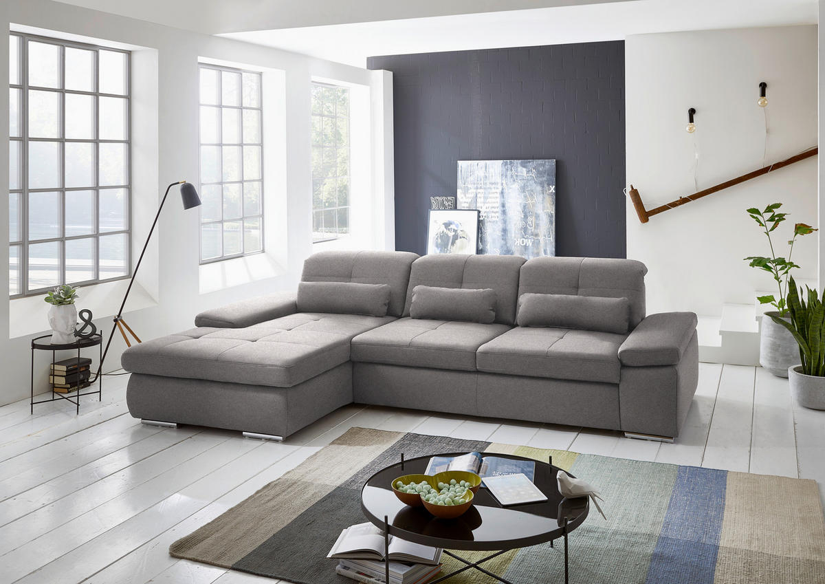 ECKSOFA  in Flachgewebe Hellgrau  195/309 cm  - Chromfarben/Hellgrau, Design, Textil (195/309cm) - Beldomo Style