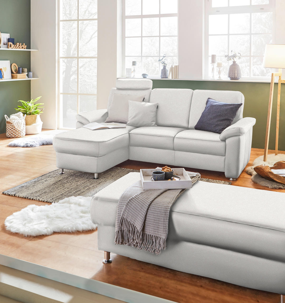 ECKSOFA in Flachgewebe Creme  - Chromfarben/Creme, Konventionell, Textil/Metall (163/220cm) - Beldomo System