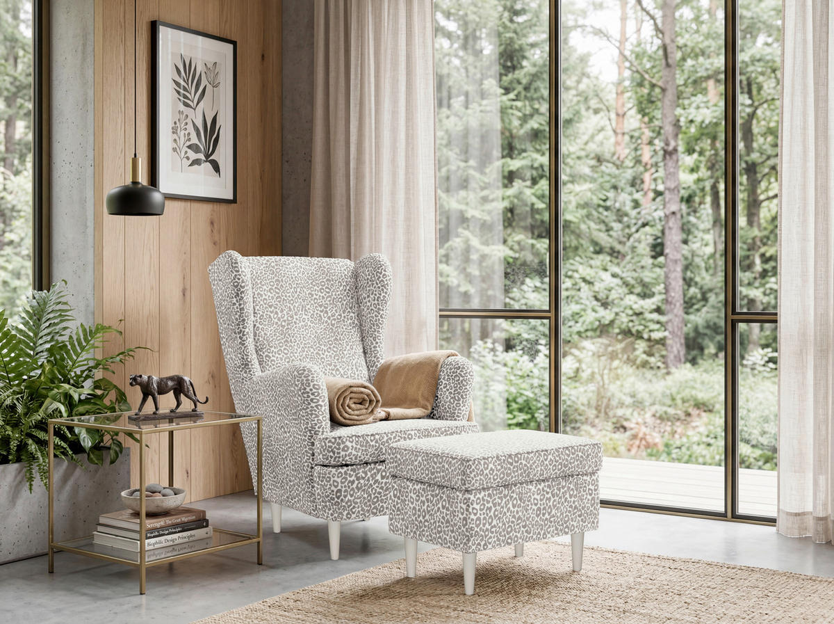 HOCKER LEO Jacquard, Webstoff Beige  - Kaschmir/Beige, MODERN, Holz/Textil (63/43/42cm) - MID.YOU