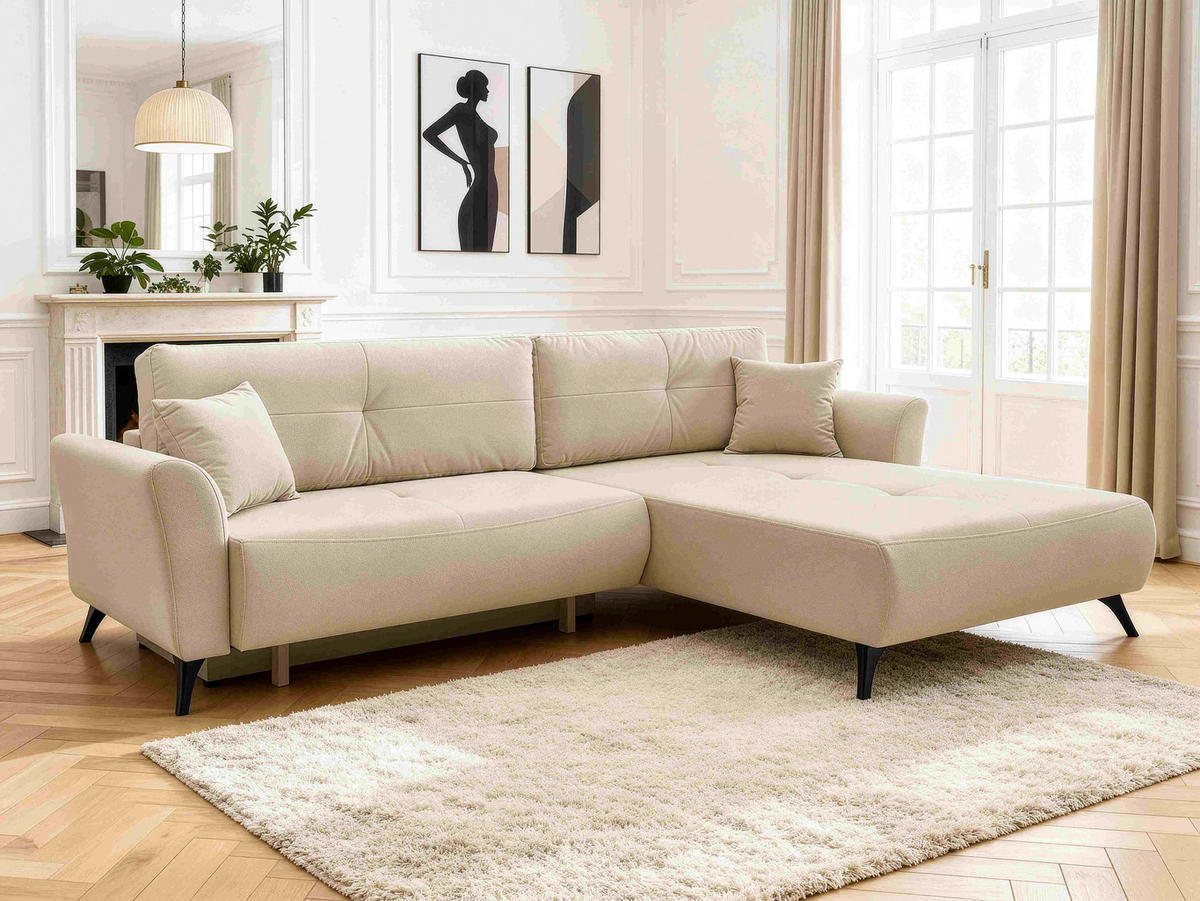 ECKSOFA GEMMA Beige Flachgewebe Zierkissen, Rückenkissen, Bettkasten, Schlaffunktion, Rücken echt, Stauraum  - Beige/Schwarz, Design, Textil/Metall (270/183cm) - P & B