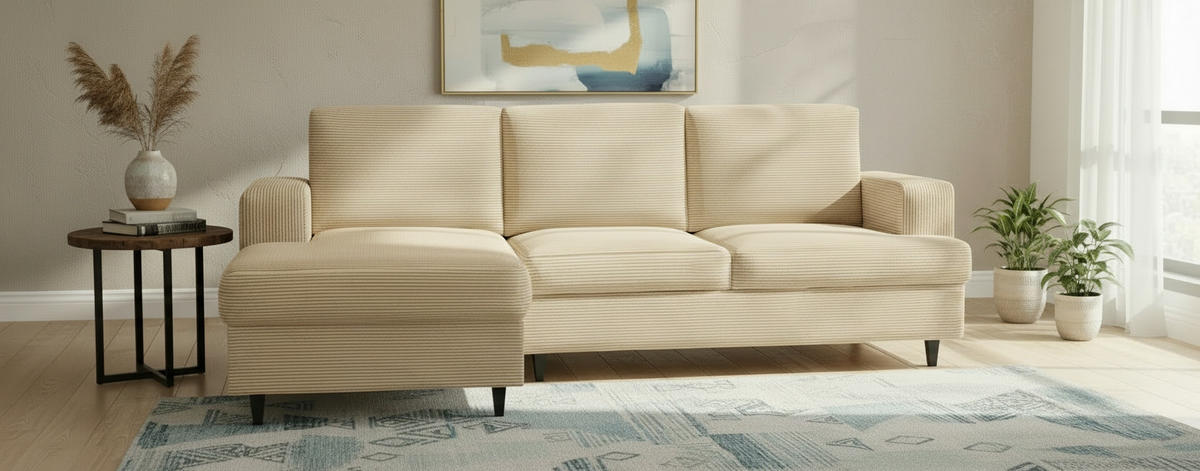 ECKSOFA Cord, Velours Hellbraun  - Hellbraun/Schwarz, Design, Holz/Textil (140/247cm) - MID.YOU