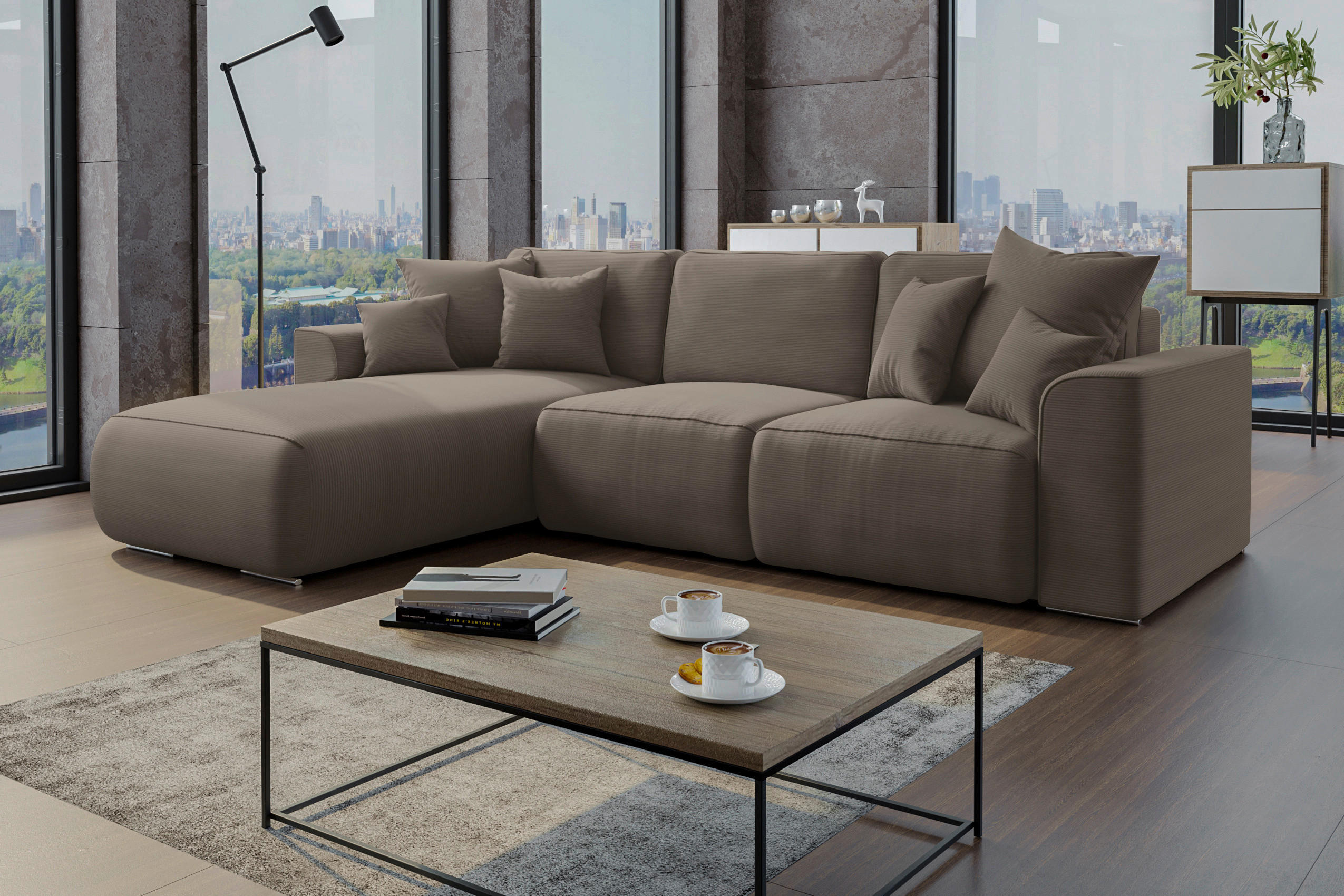ECKSOFA Taupe Cord  - Taupe/Chromfarben, KONVENTIONELL, Kunststoff/Textil (195/293cm) - Carryhome