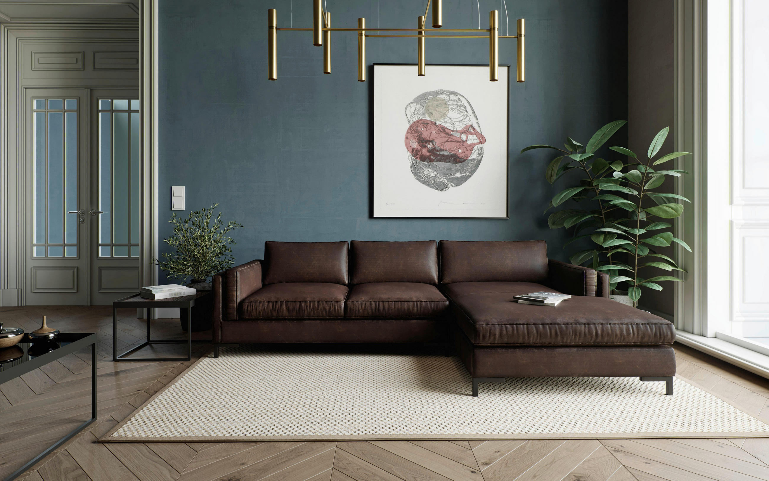 ECKSOFA in Lederlook, Flachgewebe Dunkelbraun  - Dunkelbraun/Schwarz, Design, Textil/Metall (265/160cm) - Livetastic