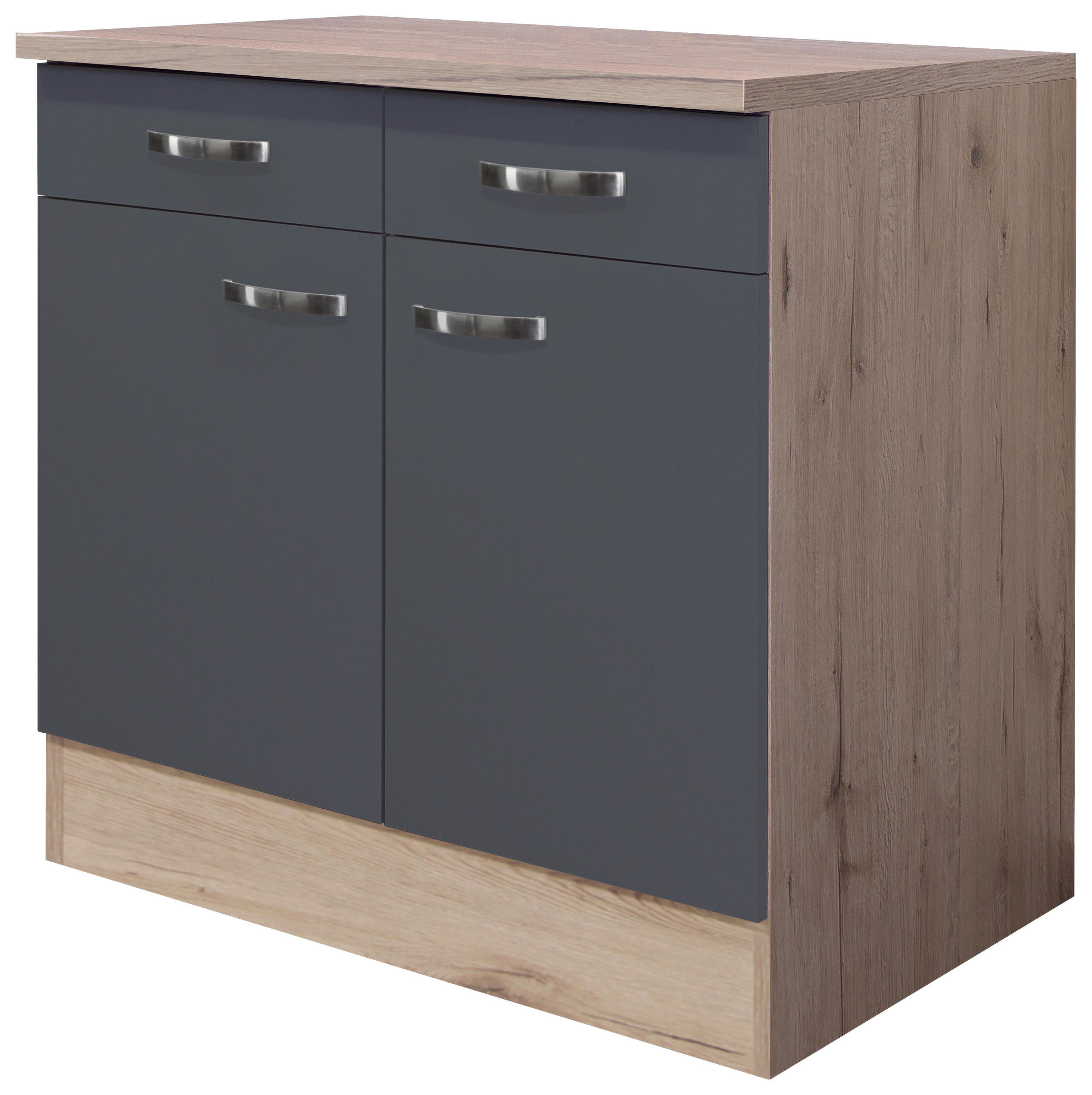 FlexWell KÜCHENUNTERSCHRANK Eiche San Remo, Dunkelgrau 80cm × 60cm × 85cm