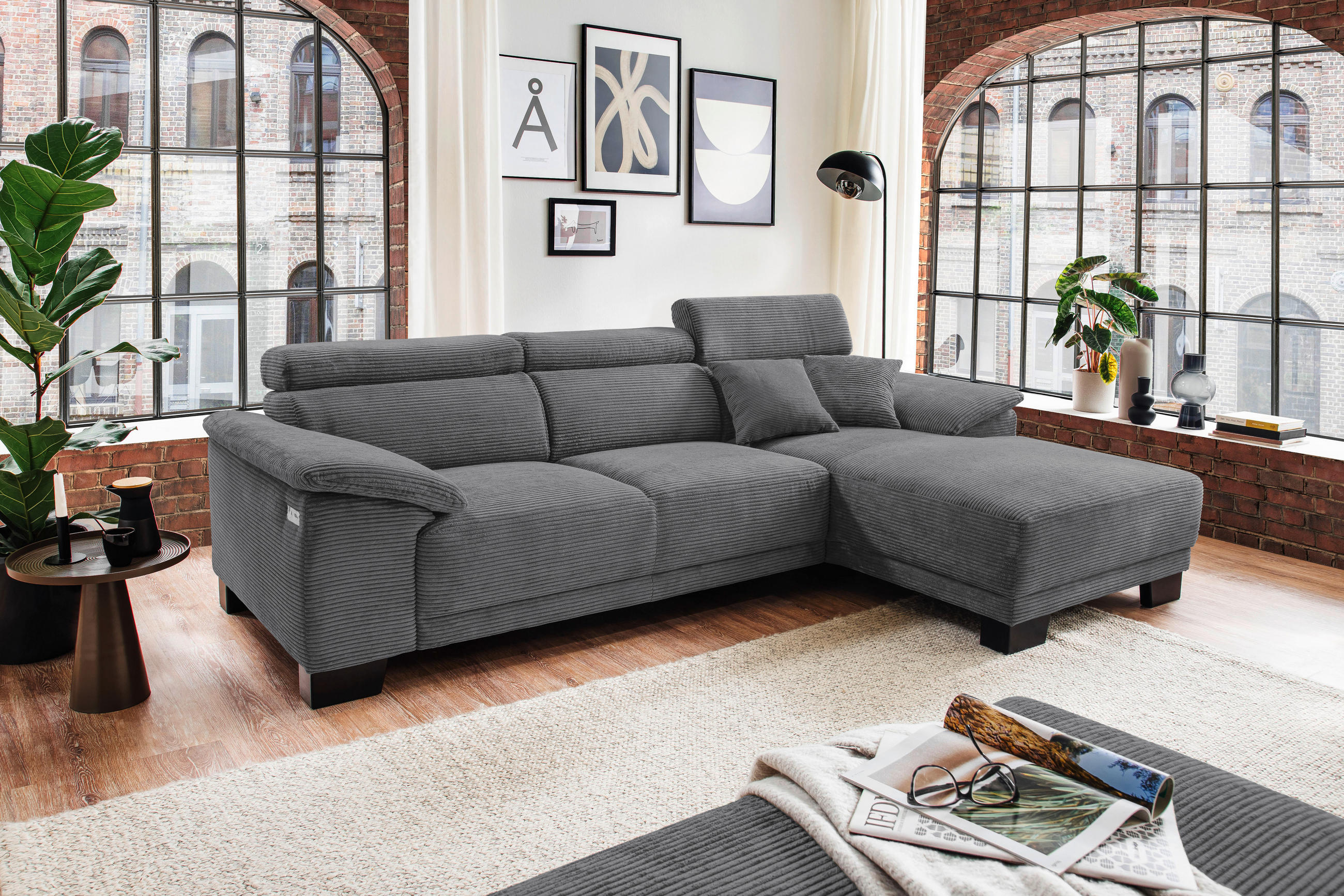 ECKSOFA in Cord Dunkelgrau  - Dunkelgrau/Schwarz, Design, Holz/Textil (270/174cm) - Pure Home Lifestyle