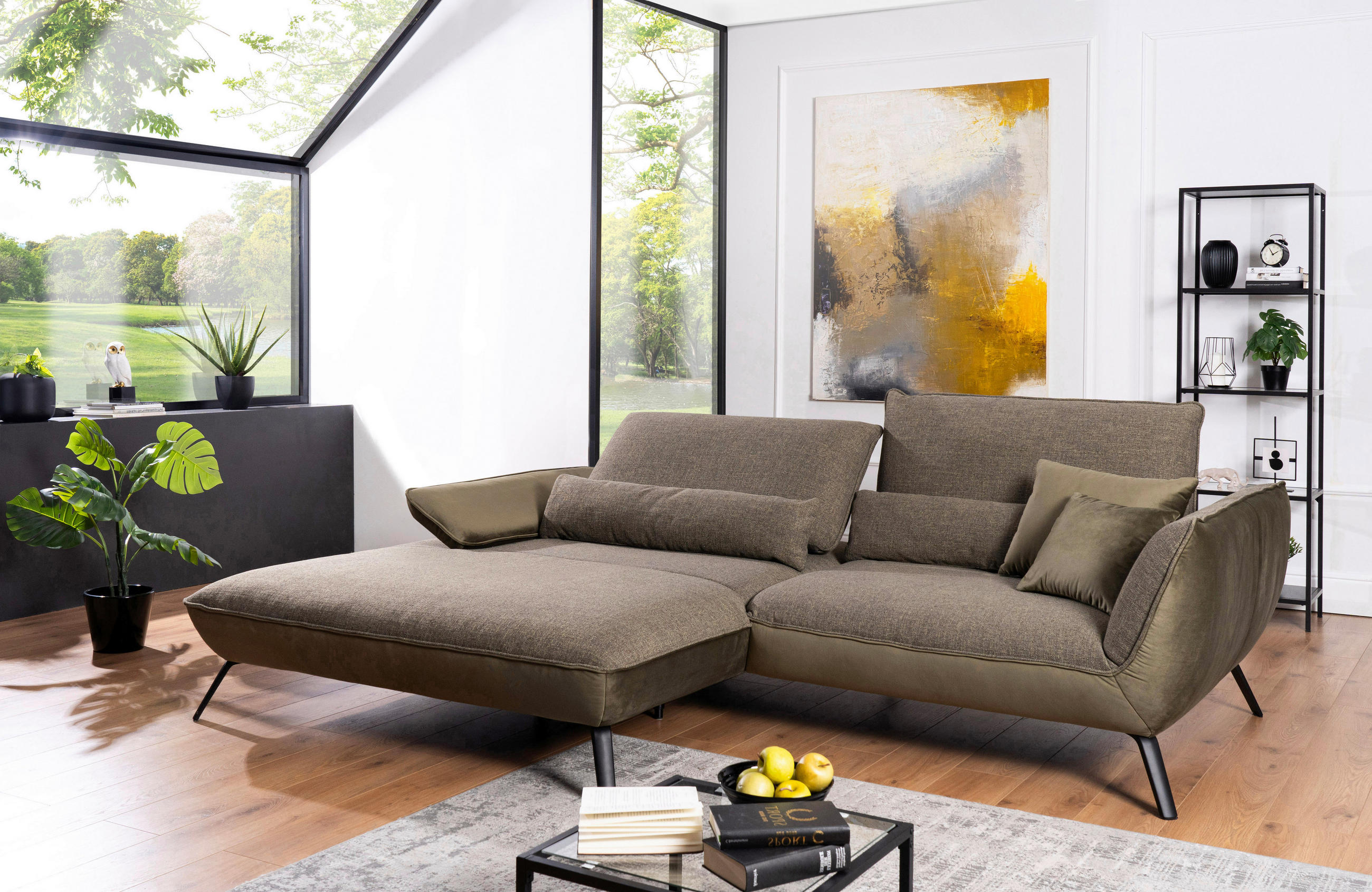 ECKSOFA in Flachgewebe Olivgrün  - Schwarz/Olivgrün, Design, Textil/Metall (191/273cm) - Moderano