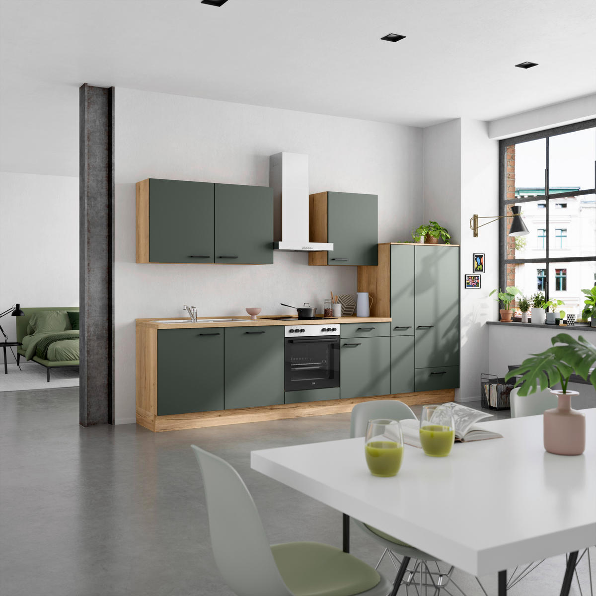 KÜCHENBLOCK Easytouch 330 cm  in Eichefarben, Dunkelgrün  - Dunkelgrün/Eichefarben, MODERN, Holzwerkstoff/Metall (330cm) - Nobilia