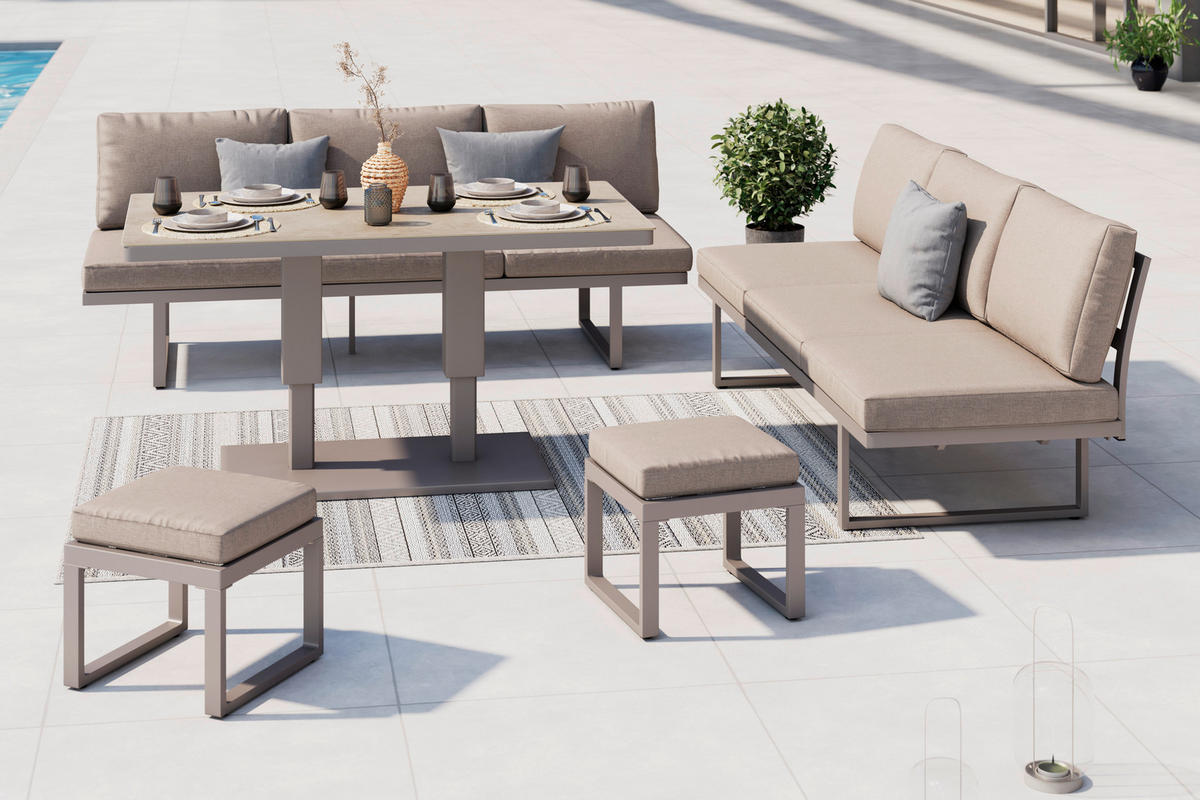 DINING-LOUNGESET Aluminium  - Beige/Hellgrau, MODERN, Glas/Textil - Ambia Garden