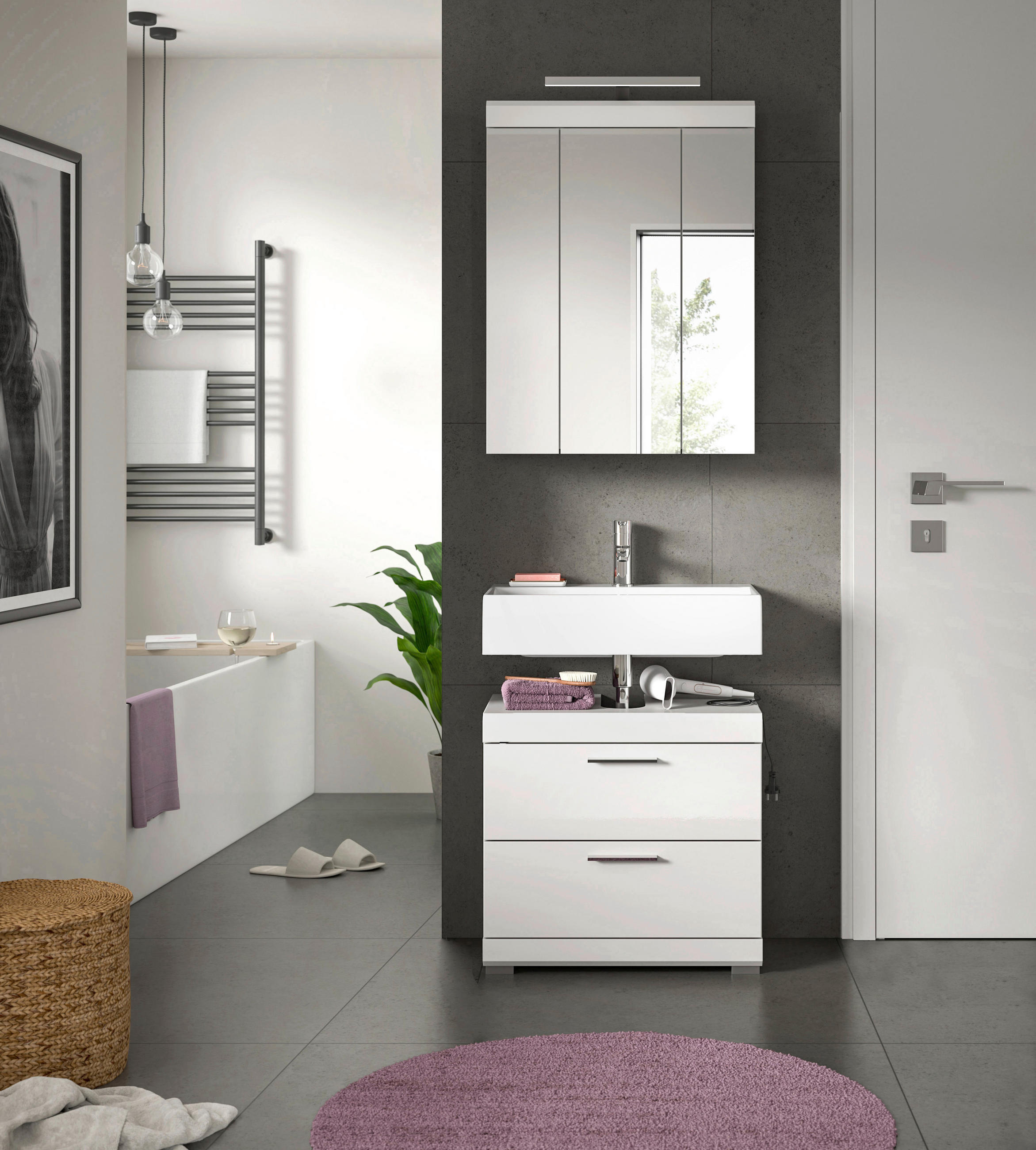 BADEZIMMER 2-teilig in 60 cm - Weiss Hochglanz/Weiss, Modern, Glas/Holzwerkstoff (60cm) - MID.YOU