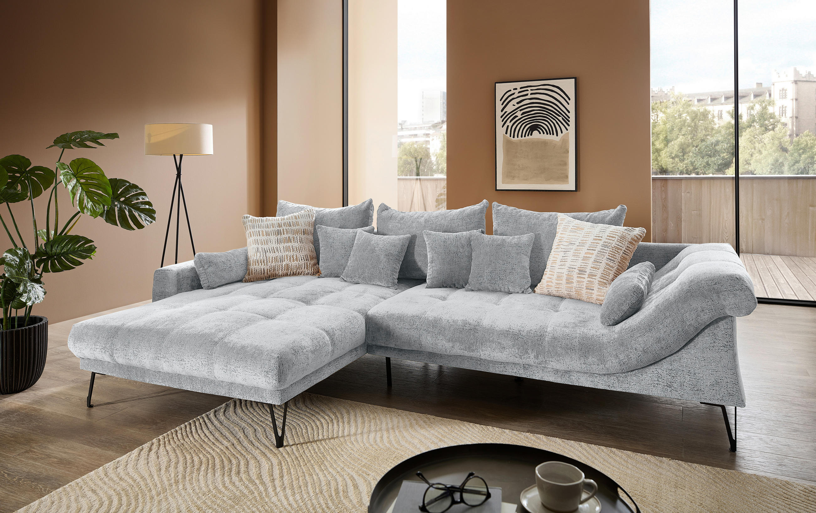 ECKSOFA GARDA Hellblau Chenille Zierkissen, Rückenkissen, Nierenkissen, Rücken echt  - Schwarz/Hellblau, KONVENTIONELL, Textil/Metall (192/310cm) - Livetastic