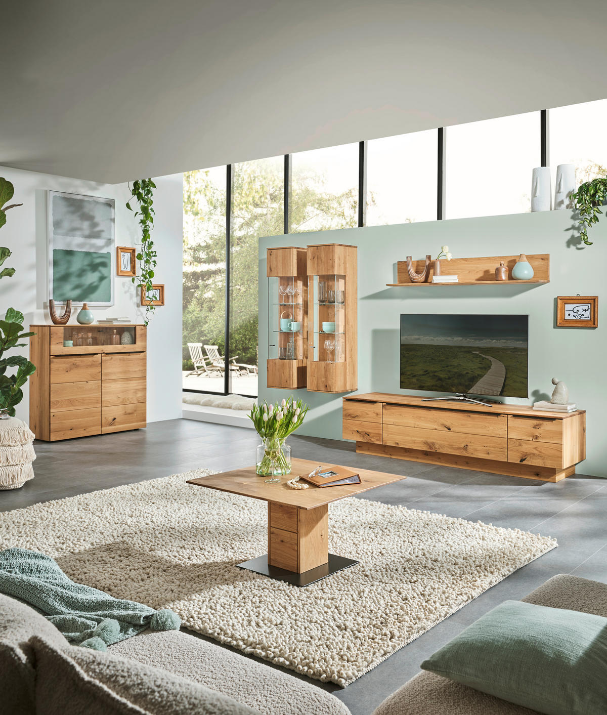 WOHNWAND  in Eichefarben  320/200,8/53,7 cm  - Eichefarben/Schwarz, Natur, Glas/Holz (320/200,8/53,7cm) - Valnatura