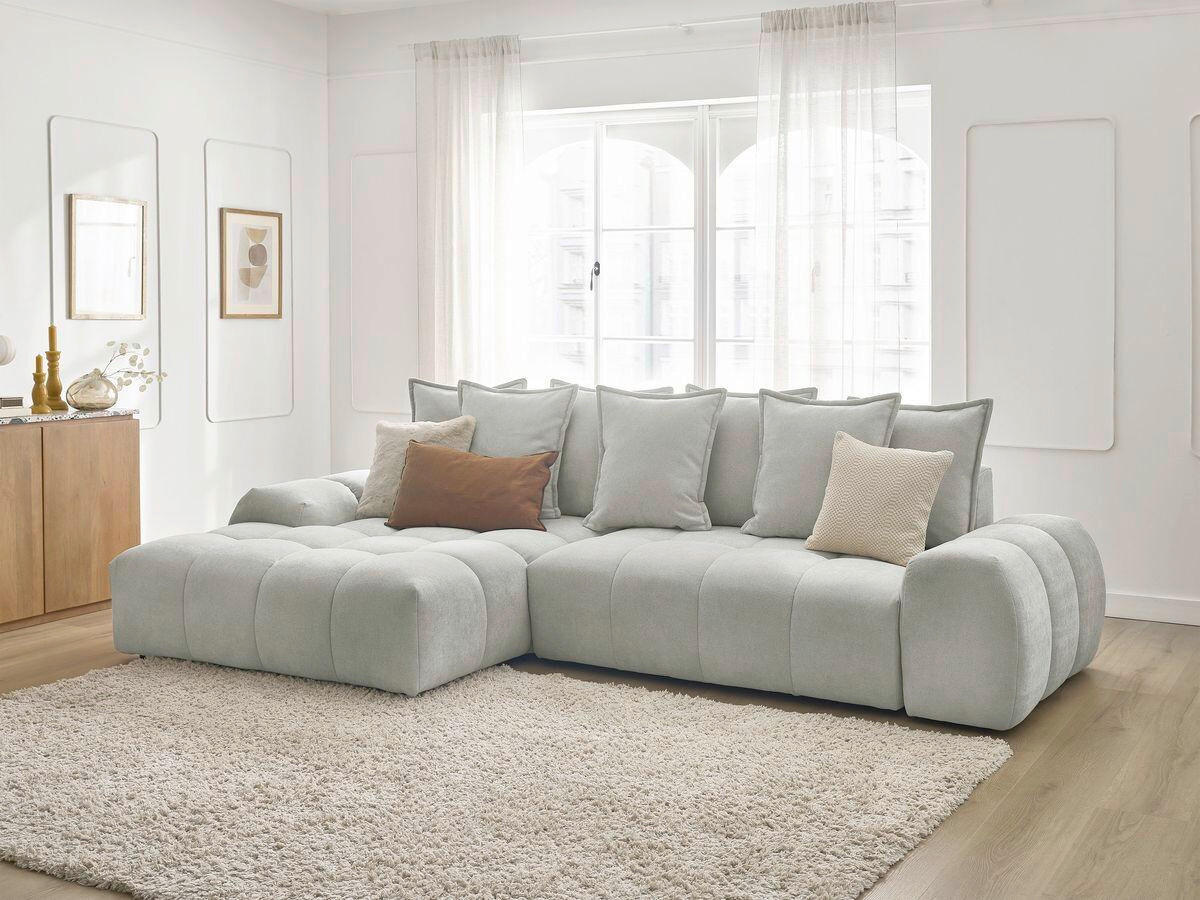 ECKSCHLAFSOFA EVEREST  mit Rücken echt, Armteil links, Armteil rechts Struktur Hellgrau  - Hellgrau/Schwarz, MODERN, Kunststoff/Textil (180/318cm) - Livetastic